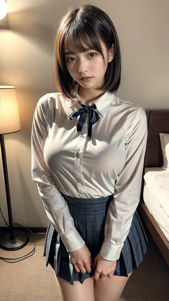 masterpiece, best quality, illustration, Super detailed, fine details, High resolution, 8K,wall paper, perfect dynamic composition,(Details High quality, realistic depiction of eyes:1.3), standing, (collared shirt:1.1), pleated skirt, short bob hair、black hair color, Big Natural Color Lip, bold sexy pose, crying a little、Harajuku style、acrobatic pose, 20 year old girl、cute type、lolita、beautiful legs, hotel room, gravure idol, Voluptuous thighs, huge breasts, Don't expose it