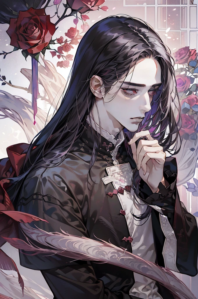 (best quality) (1 male), adult, (((pearly dark-rose pearl hair))), long disheveled hair, (eyes is completely black, the white of the eye is black), pale skin, thorny vines entwine the hair, gentle delicate facial features, aristocrat's clothes, black cloak covers his head