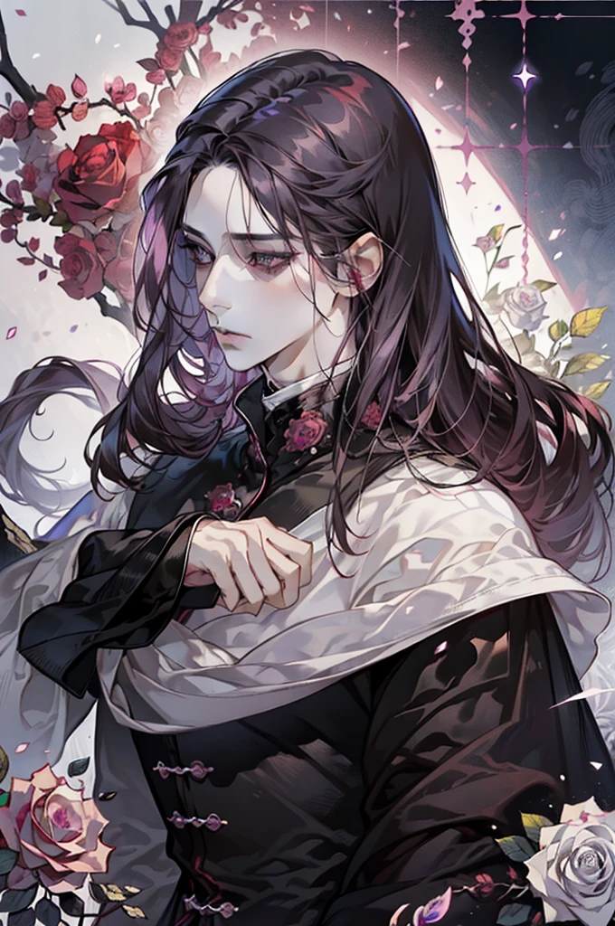 (best quality) (1 male), adult, (((pearly dark-rose pearl hair))), long disheveled hair, (eyes is completely black, the white of the eye is black), pale skin, thorny vines entwine the hair, gentle delicate facial features, aristocrat's clothes, black cloak covers his head