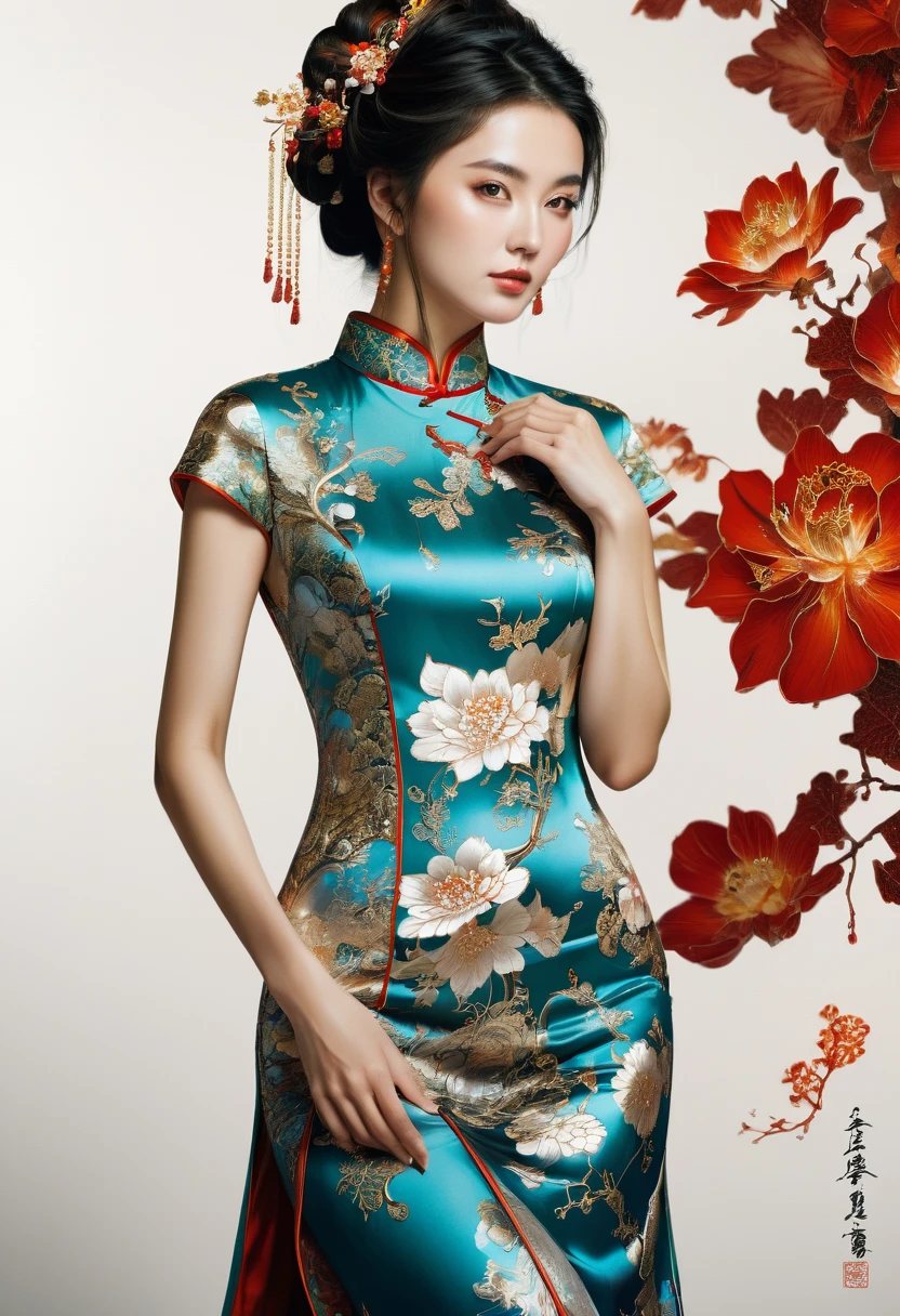 Cheongsam, fullbody, by irving penn, RAW photo, 35mm photograph, bokeh, best quality, masterpiece, very aesthetic, perfect composition, intricate details, ultra-detailed
