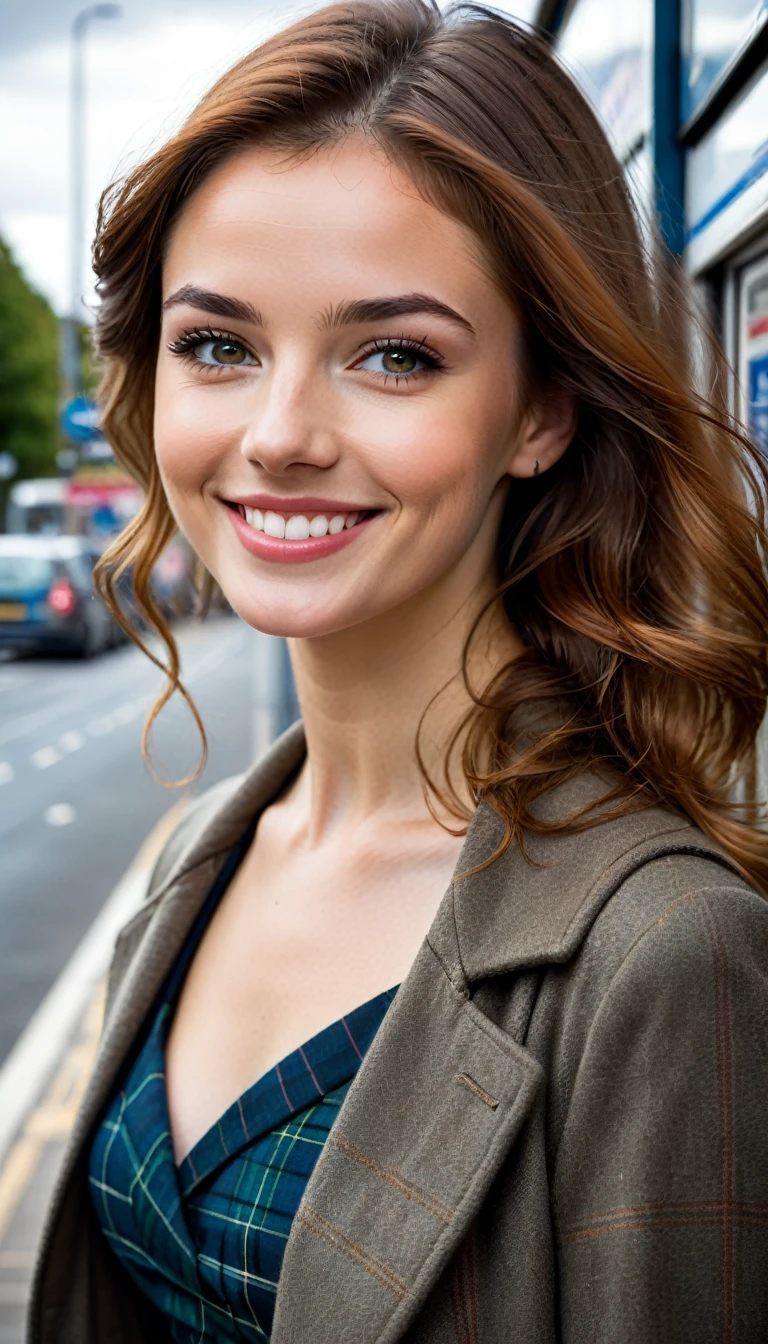 A stunning young, charming Scottish woman, Standing in at the bus stop with elegant, by Neal Adam, Detailed view (Lip and eyes) von Armstrong und Jay Anacleto, open smile, (folds, Makel, Hautporen) medium wide, Small angle, Image in super high quality