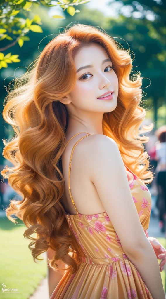 (Best quality,high resolution,Ultra-detailed:1.2),Beautiful golden to red gradient wavy curls fluttering in the breeze, Vibrant flowers in the background of the park, Close-up shot, shiny