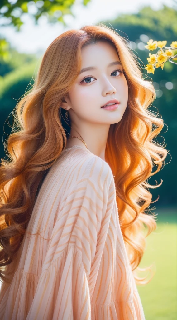 (Best quality,high resolution,Ultra-detailed:1.2),Beautiful golden to red gradient wavy curls fluttering in the breeze, Vibrant flowers in the background of the park, Close-up shot, shiny 