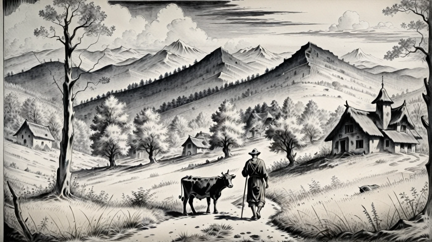 Shepherd with a cow, Forest and mountains in the background, black ink 