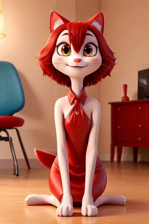 slender and elegant cat with a friendly look and smile, red lipgloss stick, sitting on a chair filing her claws, stylish dress