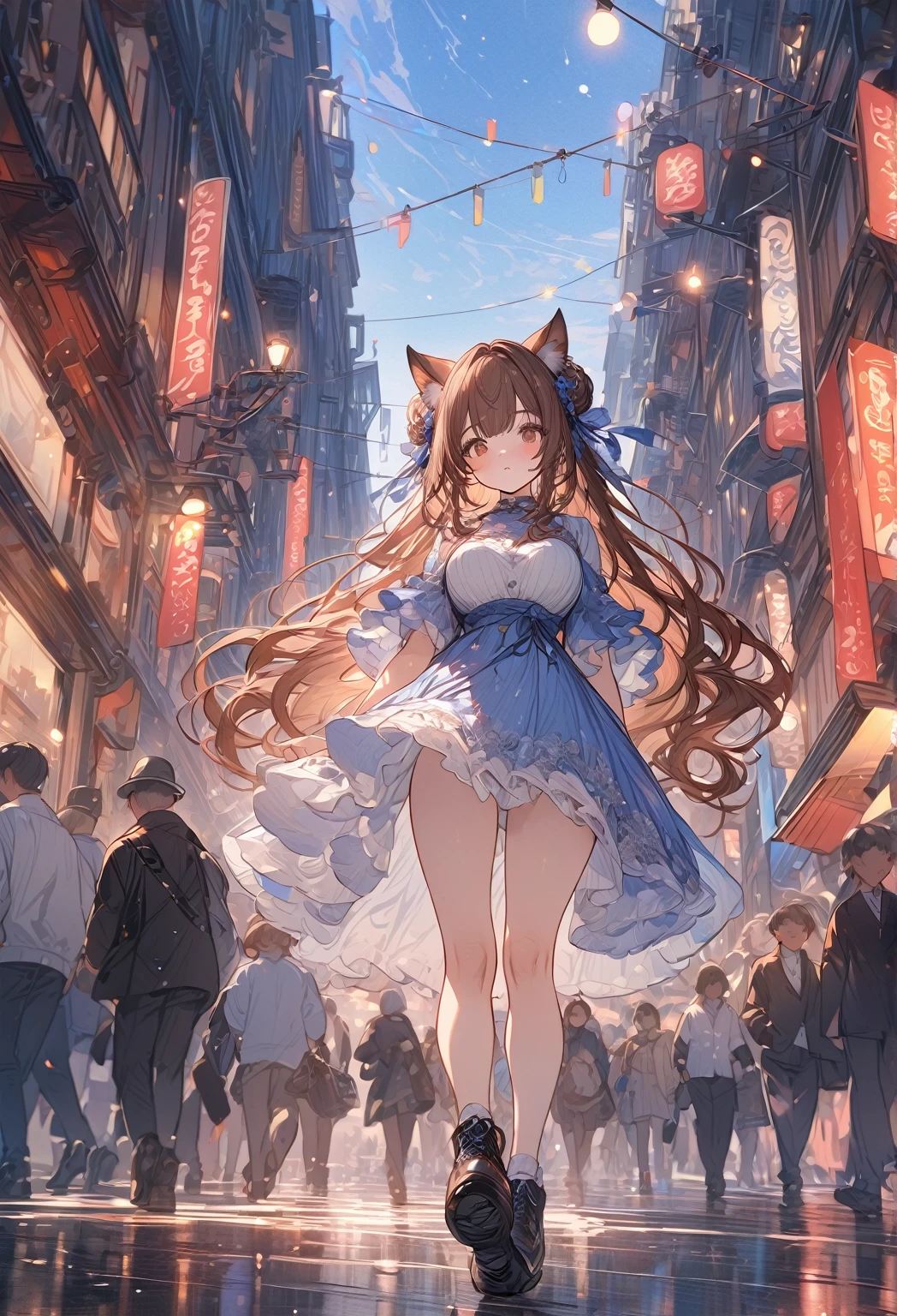 ((masterpiece:0), best quality, very aesthetic, newest, absurdres, detailed, high quality)
BREAK
highest quality, top quality, details, highres, ultra fine painting, digital art, official art, cinematic, 4k, 8k resolution, 8K CG wallpaper, CG, original artwork, detailed background, colorful background, blue atmosphere, High Dynamic Range, blurry background, blue hour, Starburst effects, crepuscular rays, good ISO, high resolution, wide shot, from far away, RAW photo, POV, sharp focus, light reflection, reflections, intricate details, soft light, particle noise, professional photography, bokeh, depth of field, natural lighting, vibrant colors, looking away, detailed lights and shadows, stylish, ultra-detailed, top rated on Pixiv, trending on Artstation, niji style, modern-days, master crafted, pose
BREAK
solo, 1girl, a girl, correct fingers, detailed hair, (medium big breasts:1.2), big thighs, short torso, short body, flushtered, blush, anxious expression, casual, slim, ((cute, childlike face):1.3), nice hips, nice body, brown hair, (long flowing hair:1.1), big 2 buns hairstyle, long bangs, long hair, middle hair bangs, brown eyes
BREAK
((colorful outfit), off shoulder crop top, short skirt, headphone, jacket, casual cap, belts, straps, choker, gloves, boots, stockings, garterbelt, accessories, outfit ornaments, sneakers, kemonomimi, mouth cover, 1 tail, correct tail, (full body:1.3)) 
BREAK
a close up of a person walking down a street with a crowd of people, crowded street, crowded streets, in front of a large crowd, giant crowd, girl walking through city, people walking down a street