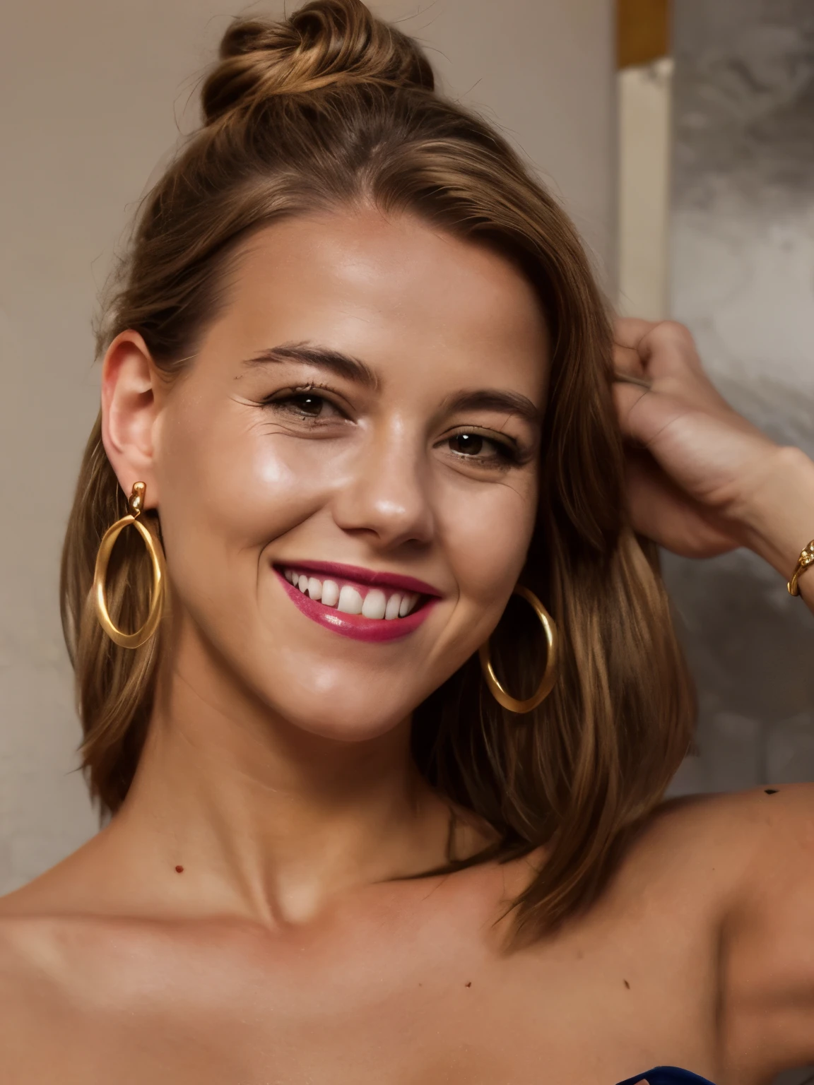 bellissima LaGermania,  1girl, solo, looking at viewer, smile, blonde hair, jewelry, earrings, teeth, hair bun, grin, makeup, single hair bun, portrait, hoop earrings, realistic