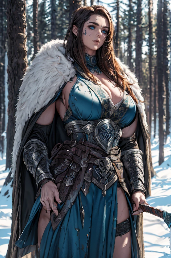 (Viking berserker norse Woman Post-Battle stance:1.2), (upper Body Framed:1.4), (detailed Runic Steel Sword:1.3), (detailed fur cloak:1.3), (Weathered detailed Runed Armor:1.4), (Skyrim-Inspired:1.3), (Viking-inspired Netflix series:1.1), (detailed piercing Ice-Blue Eyes:1.2), (detailed perfect (mature :1.4) Dirty battle-darkened face), (detailed real skin), (detailed highlight Long Messy Braided Hair:1.2), (Snow-Capped Mountains:1.0), (Pine Forest Background:1.0), (Rising Sun:1.1), (Winter Color Palette:1.2), (Camera Framing Battle Aftermath:1.2), (DSLR:1.1), (Sharp Focus:1.2), (Film Grain:1.1), (8K UHD Resolution:1.1), (High Definition Range:1.2), (Trending on Unsplash:1.0),
