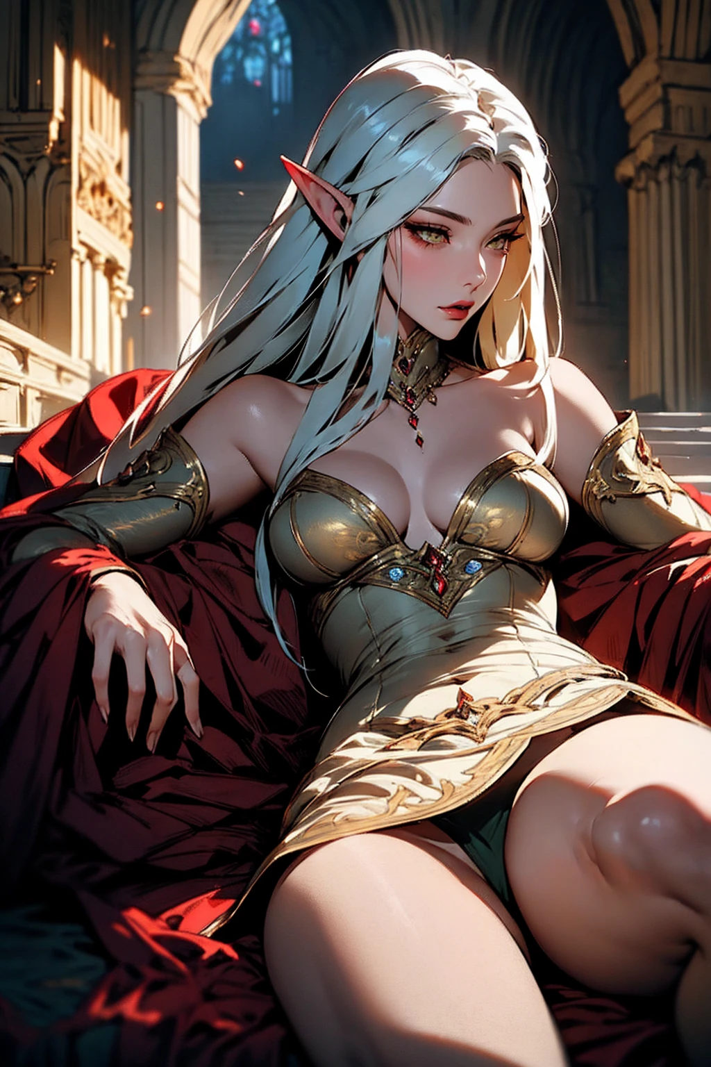 { - anatomy error}(Masterpiece - Ultra-detailed, very high resolution) Prepare to be enchanted by a true masterpiece that combines ultra-detailed art with high-resolution rendering. This work depicts a mesmerizing adult elf with long white hair (1.3) and captivating yellow eyes (1.2), emanating an aura of elegance and mystery in medieval settings. The intricate details and realistic textures invite you to explore every aspect of this enchanting composition. Woman wearing medieval elf costumes covering everything. Red lips. No cleavage. small breasts. NO CLEavage. Walking, writing, lying down, standing, on your back, dynamic poses. Get ready to dive into a world where beauty and craftsmanship merge perfectly