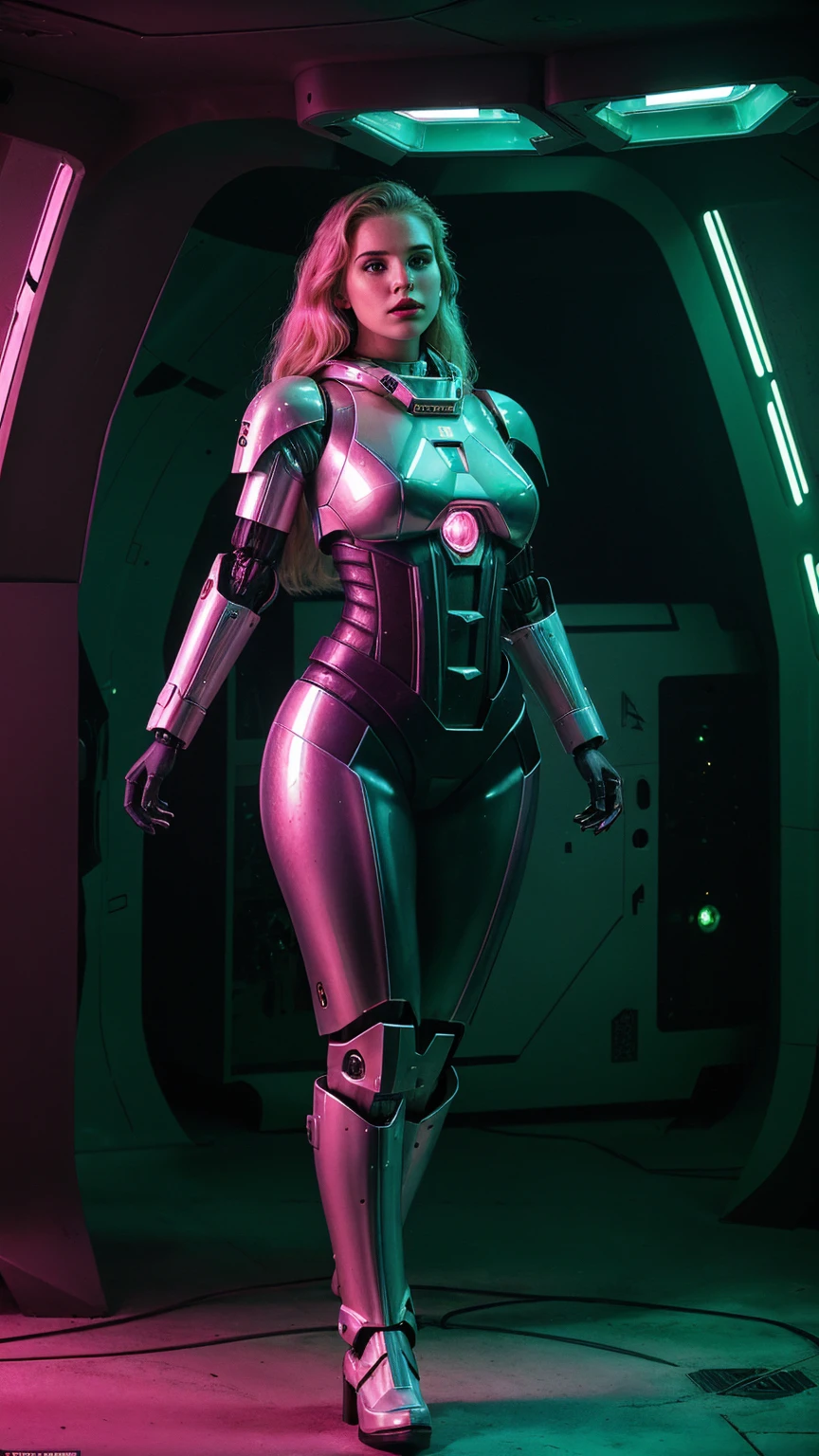 Create a SCI-FI photography featuring an astronaut, played by a voluptuous 18-year-old woman( slightly plump but fit body, bright blue-eyes, puffy lips, bold redlips, very pale skin. Her straight blonde hair, pout face expression), Dressed in a futuristic biomechanichal-armored spacesuit(Mecha style, with mecha body-enhancements, white lighting-joints, white-mechanical limbs), with a auricular-radio(diadema), and in her back carrying a heaviest backpack. she Finds herself outside-isolated near of a forgotten spaceship(She encounters broken computers-parts, and strange glowing plants)-conjuring feelings of sadness and hopelessness.Finds herself isolated on a forgotten spaceship(She encounters broken droids, and strange glowing flora)-conjuring feelings of sadness and hopelessness. The scene is shot in low-contrast neon light, emphasizing the depressive colors and bleak atmosphere. The image is processed to resemble found footage from an '80s horror movie, with a strong vignette and grainy texture.(((The color palette revolves around Emerald-Green/ Magenta-Pink theme)))