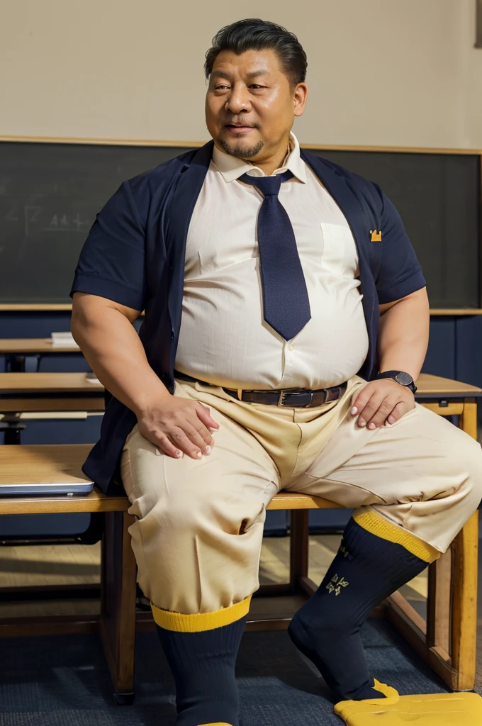 4k quality,(( Chinese middle-aged man)), China face, massive pec, strong muscles, big belly, chubby, ((overweight)), black hair, math teacher, ((wearing white shirt,)), shirt tucked into trousers, tie,belt, heat, sweat stains, sweat all over, shame, beard, ((((mustard)))), massive pec, blush, satisfied looking, sitting, holding a conference, class room, ((wearing navy black sexy socks)),