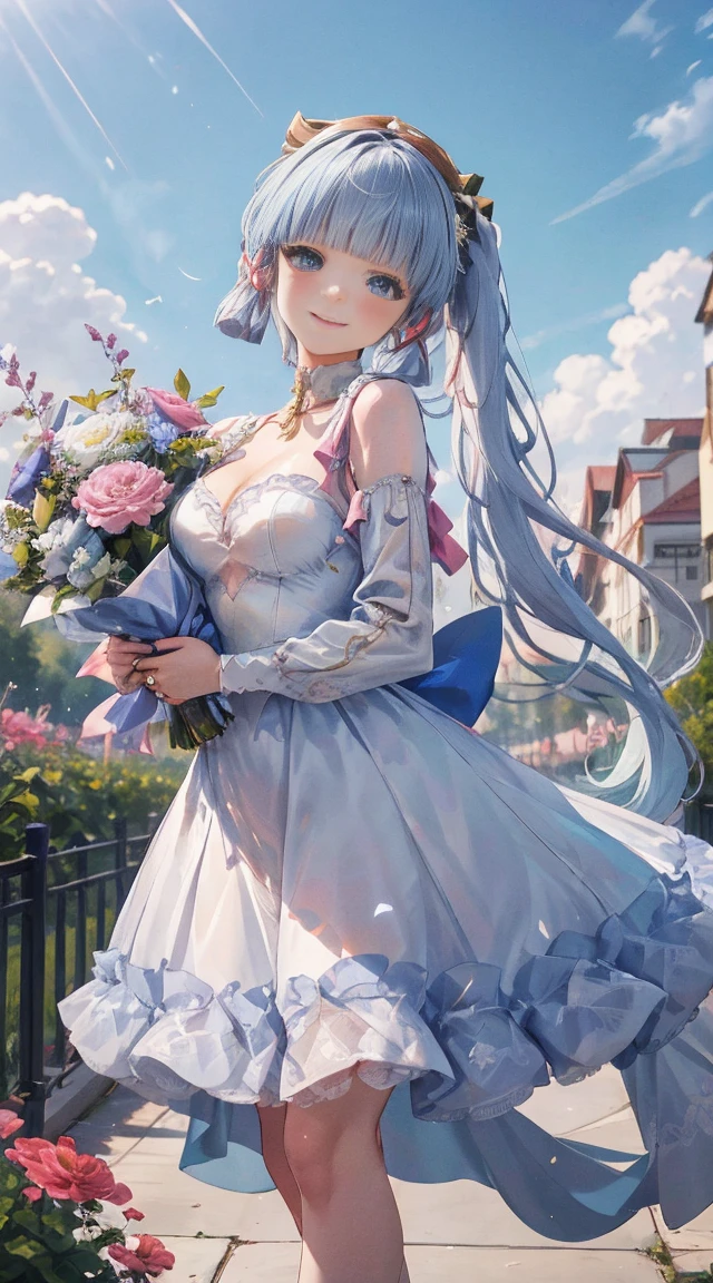 kamisato ayaka|genshin impact, master-piece, bestquality, 1girls,25 years old, proportional body, elongated legs, Beautiful, proportional, Wedding Dresses, White Wedding Dress, Long skirt, wedding, mediuml breasts, ,bara, Standing in the middle of a flower garden, outdoor, wedding, The sky is beautiful, Both hands hold a bouquet of flowers......, View viewers from the front., Thigh strap, Head tilt, bored, 10, 10, HD, slight smile,