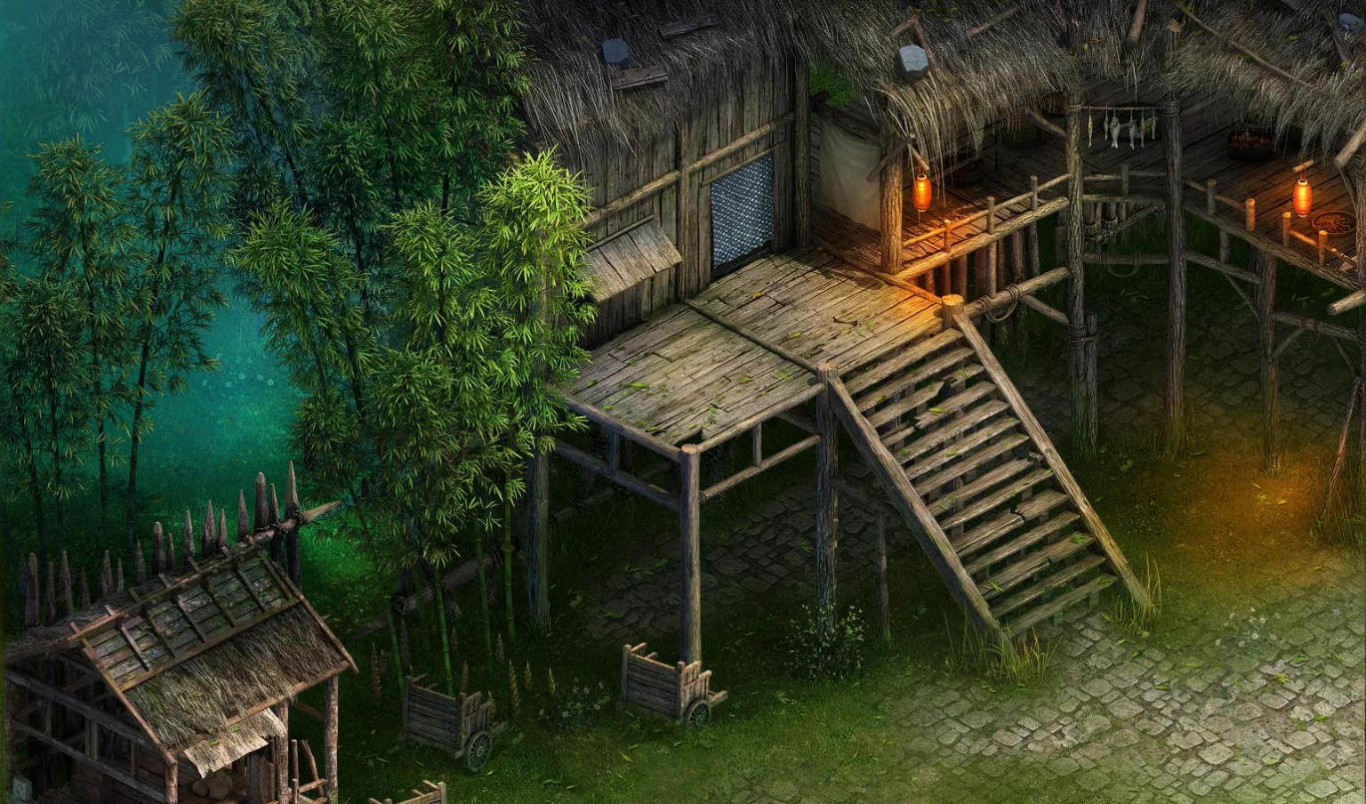 Close-up of a small village with many trees, China Village, Isometric Game Art, Role Playing Game Scene, 2D Game Environment Design, Detailed game art, Isometric 2D Game Art, Korean multiplayer online games, screenshot, Game CG, Game image, Isometric game assets, RPG Game Environment Assets, Elf City, Detailed game art illustration
