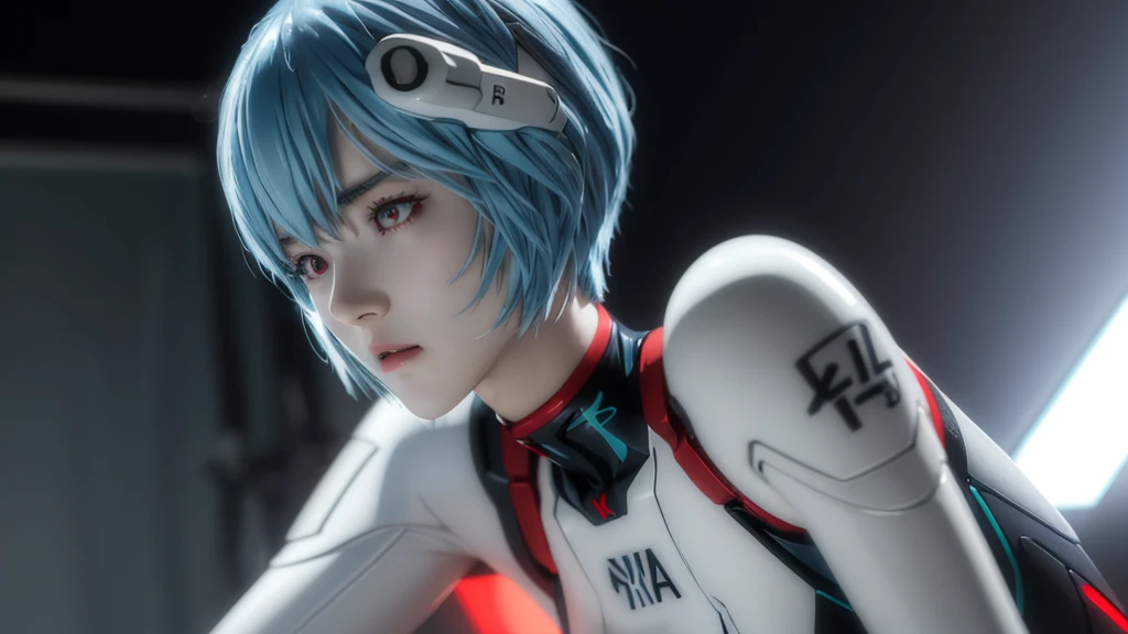 Teenage Girl, Rei Ayanami, (Ayanami Rei:1.2), Blue Hair, short hair, (Red eyes:1.3),Bodysuits, headgear, Plug Suit, white Bodysuits, Realistic, 4K, photoRealistic, Highest quality, Research Room, Dramatic Light, Aloe Clapart-1000, Ray Tracing,Detail Shadow,Shot with the Fujifilm X-T4,85mm,F1.2,Sharp focus,Depth of written boundary,Blurred Background,Bokeh,Lens flare