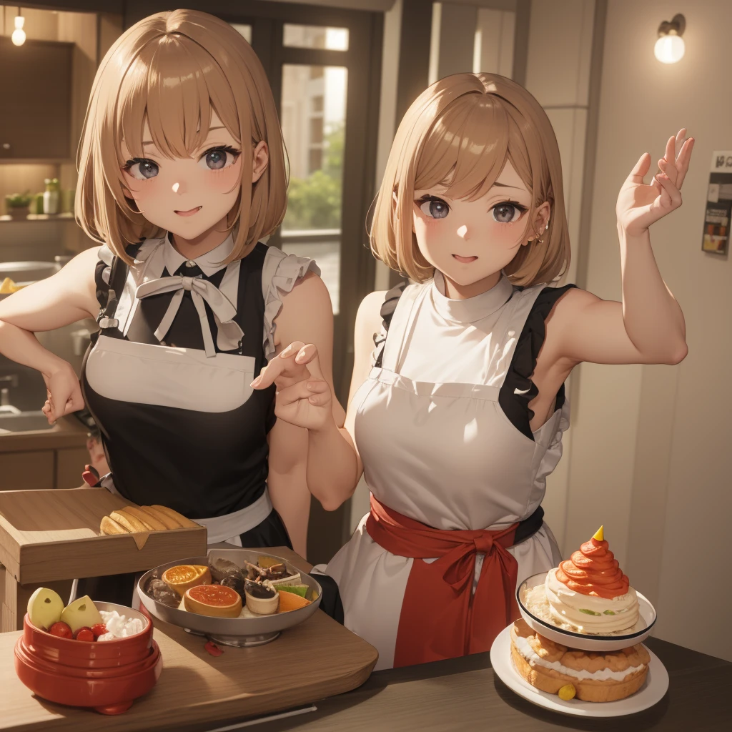 aggressive、Bangedium Hair、girl、Light Hair Color、Small Mouth、Small Nose、Big Breasts、Chubby、birthday、apron