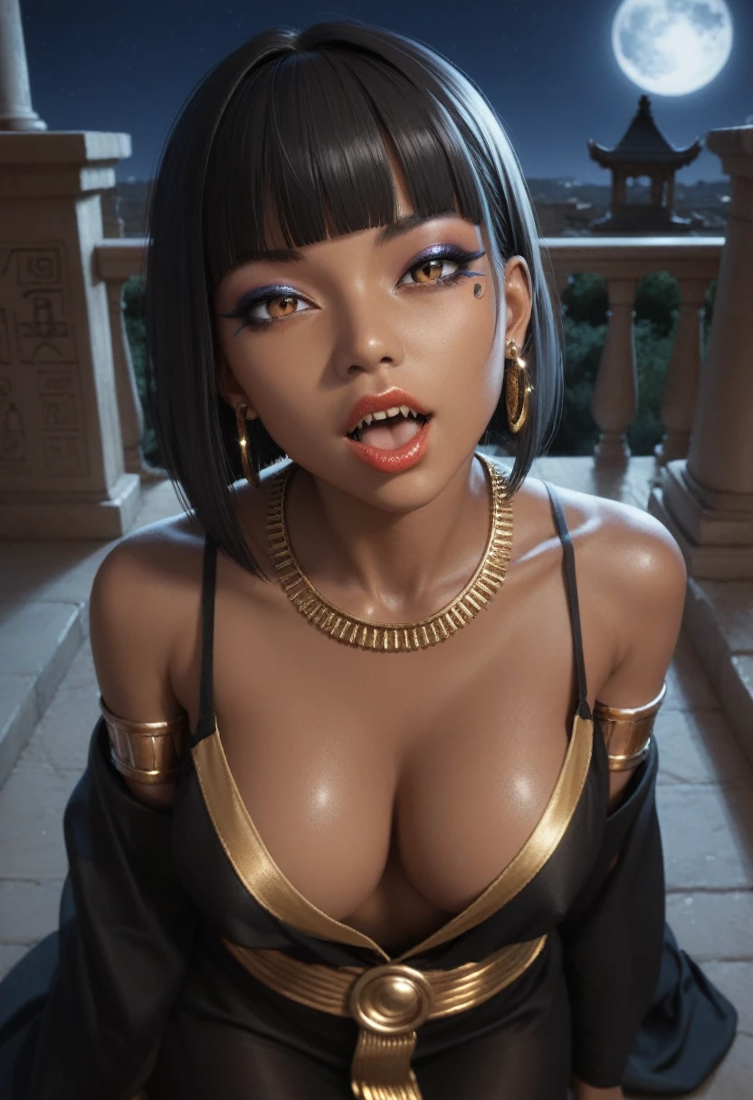 score_9, score_8_up, score_7_up, score_6_up, 1girl, solo, jewelry, rating: safe, brown_eyes, black_hair, lips, makeup, armlet, breasts, egyptian, egyptian_clothes, dark_skin, nose, earrings, gold, lipstick, cleavage, realistic, looking_at_viewer, medium_breasts, open_mouth, oral_invitation, piercing, gyaru, blunt_bangs, bangs, bob_cut, vampire, long_fangs, (from_above:1.3), downblouse, dark, silk, black_robe, moonlight, temple, night, moon, aged_up, (rape_face:1.3)