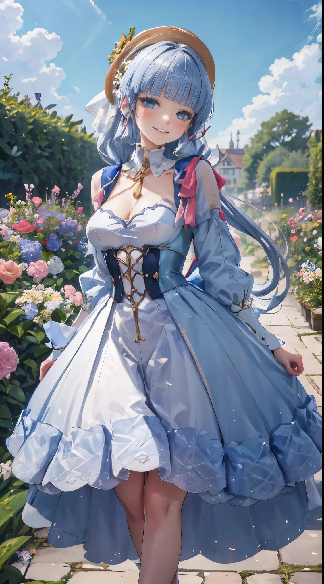 kamisato ayaka|genshin impact, master-piece, bestquality, 1girls,25 years old, proportional body, elongated legs, Beautiful, proportional, Wedding Dresses, White Wedding Dress, Long skirt, wedding, mediuml breasts, ,bara, Standing in the middle of a flower garden, outdoor, wedding, The sky is beautiful, Both hands hold a bouquet of flowers......, View viewers from the front., Thigh strap, Head tilt, bored, 10, 10, HD, slight smile,