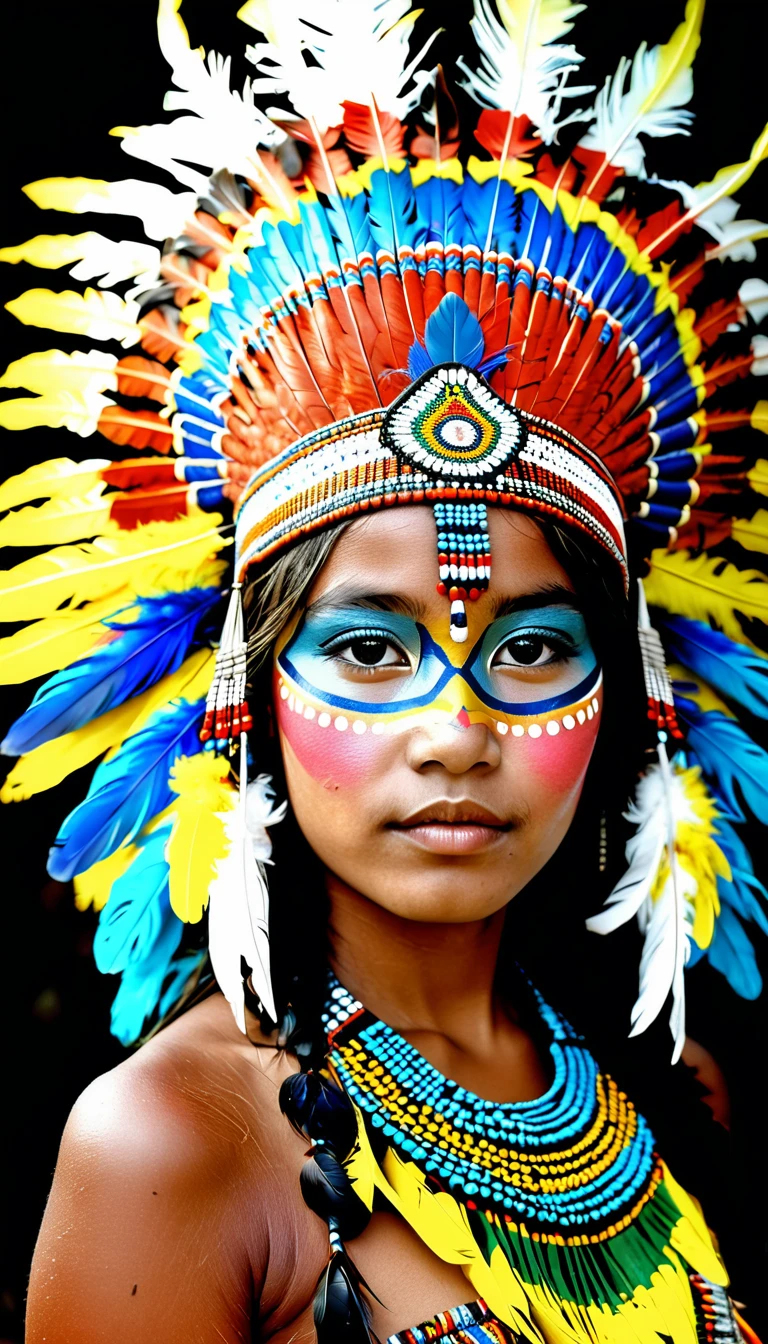 full shot photograph of a girl wearing a native Brazilian headdress a colorized photo by Robert Jacobsen, tumblr, Sumatranism, Amazonian Indian people in Brazil, beautiful costume, Inka harpy girl, tribal style, Native American, tribal face paint, Indigenous, beautiful young wind spirit, girl with feathers, tribal makeup, tribal face paints, traditional beauty