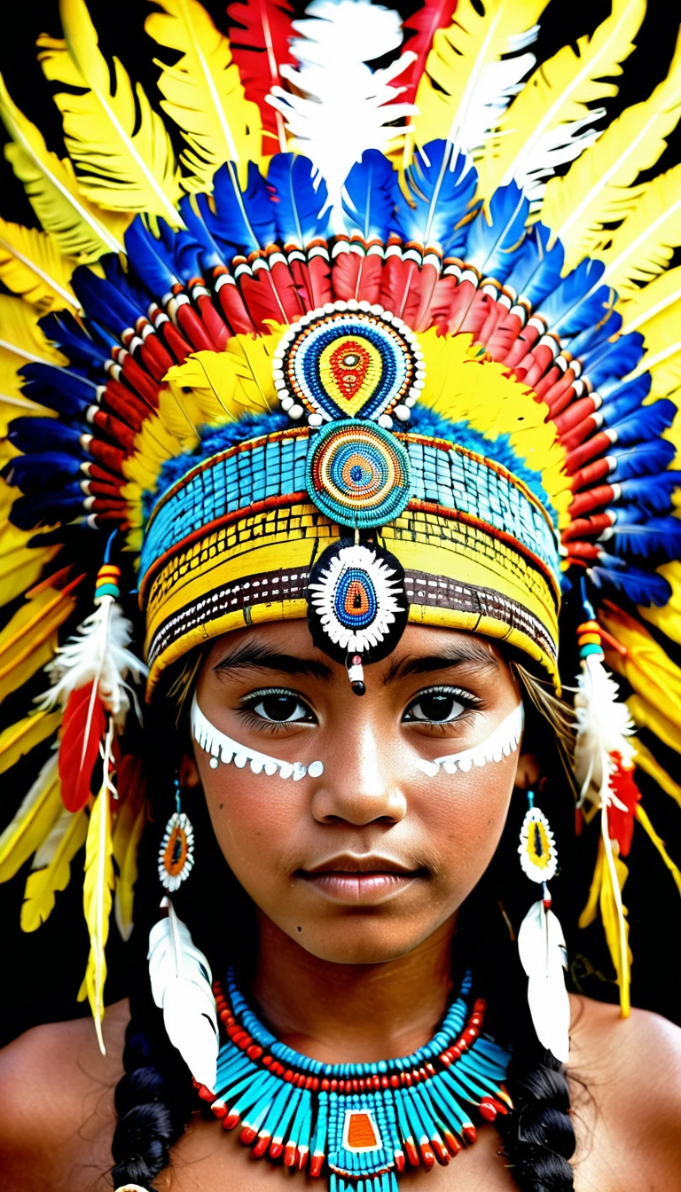 full shot photograph of a girl wearing a native Brazilian headdress a colorized photo by Robert Jacobsen, tumblr, Sumatranism, Amazonian Indian people in Brazil, beautiful costume, Inka harpy girl, tribal style, Native American, tribal face paint, Indigenous, beautiful young wind spirit, girl with feathers, tribal makeup, tribal face paints, traditional beauty