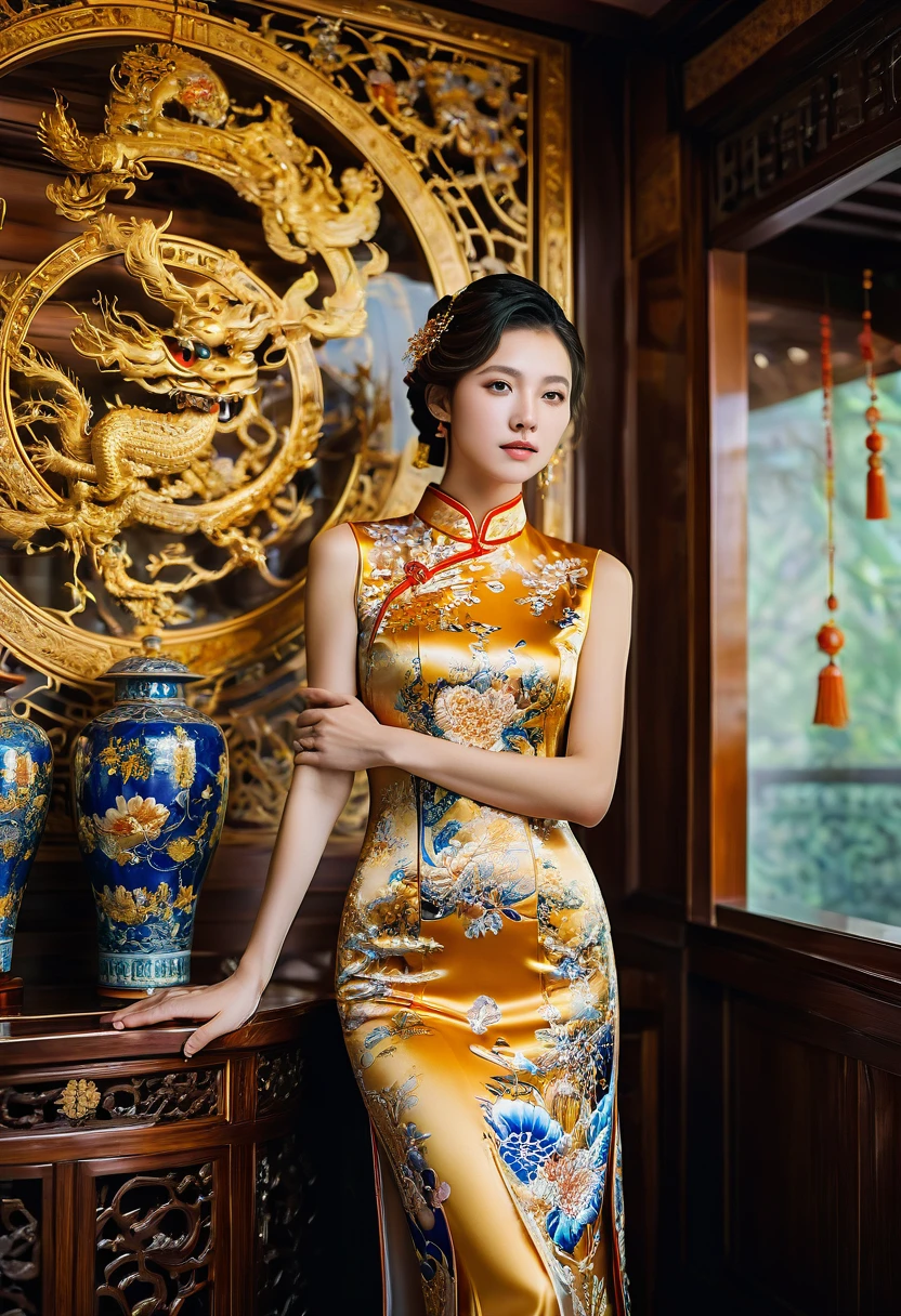 Cheongsam, fullbody, by David Goldblatt, RAW photo, 35mm photograph, bokeh, best quality, masterpiece, very aesthetic, perfect composition, intricate details, ultra-detailed