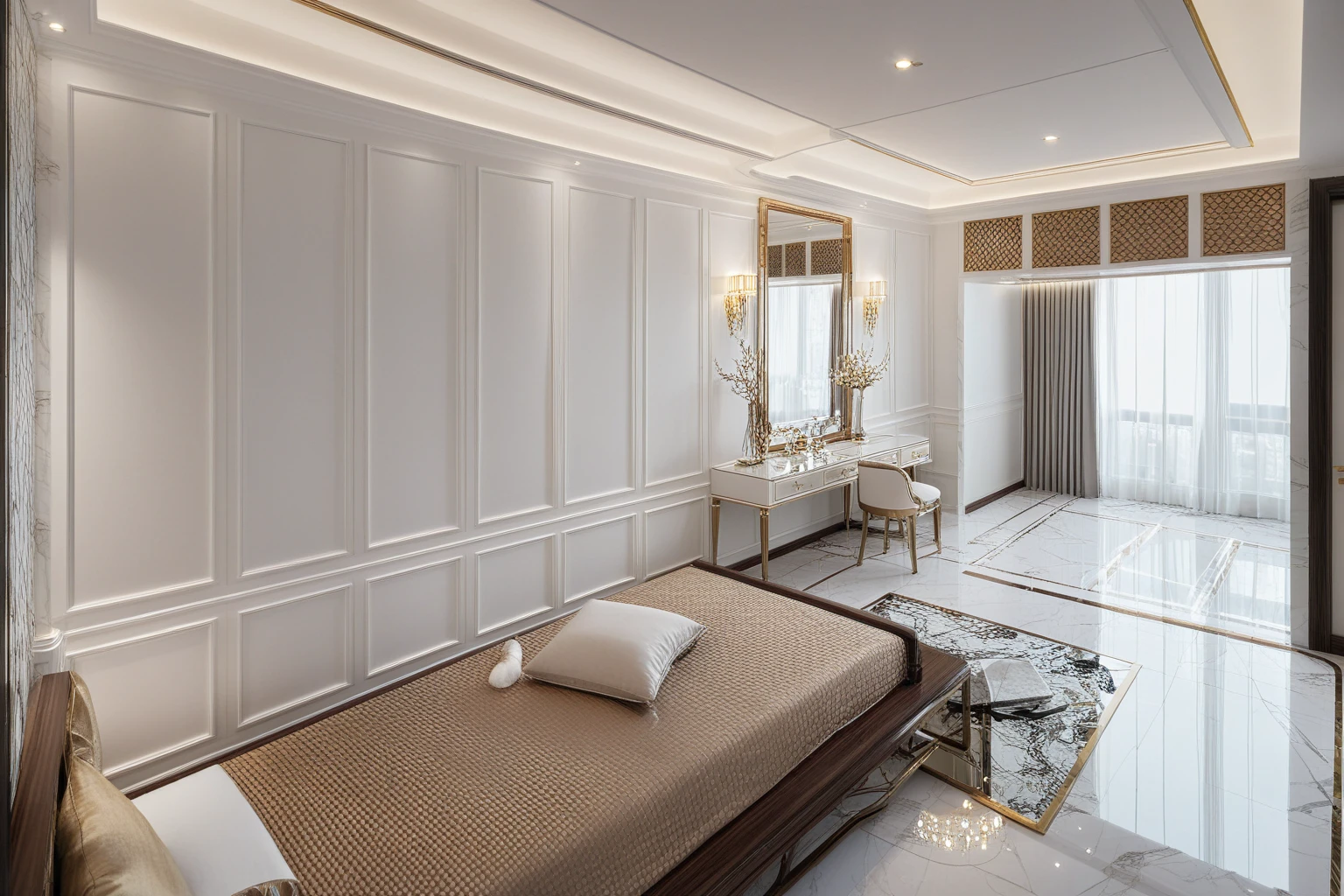 ,Masterpiece, Best quality,8K, Ultra-high resolution,When you step into the ( bedroom : 1.1) ,Immediately surrounded by a rich atmosphere of luxury. The space was covered with a soft white fluffy blanket,It is so comfortable,So much so that you can't help but indulge in it。Embellished with precious porcelain and white-off gold ornaments。Whenever it is late afternoon,The afterglow from the window spilled on the floor,Soft light and shadow are reflected,It was as if entering a dreamland. ((Wooden chair and table : 1.3)), ((COLUMN MIRROR : 1.3))