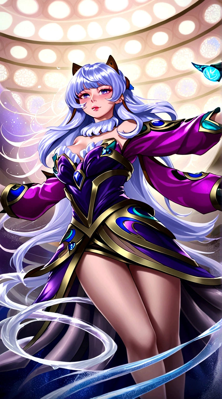 1girll, sorceress woman，red pupils，Gorgeous Hair in Long Purple，flowy，crisp breasts，Toned Thighs，Red tattoo on the thigh，Purple wizard hat，Golden decoration，Purple bandeau dress，Golden decoration，White long-sleeved gloves，White lace knee-length boots，Surrounded by purple tulle，He held a ruby encrusted wand in his hand，starrysky，kosmos，magicle world，Detailed background，Clothing details，perfectly proportioned, Cinematic lighting, filmgrain, Fuji colors, lightand shade contrast, 8K, 巨作, Textured skin, Super detail, high detal, high qulity, A high resolution,