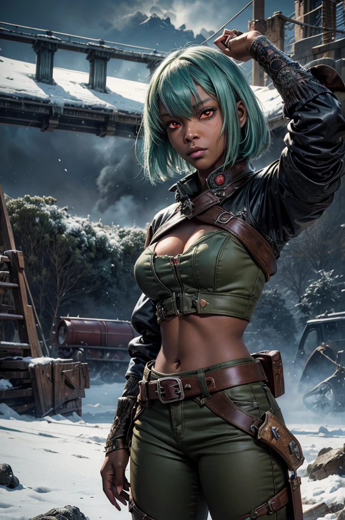 emeraldsustrai, emerald sustrai, short hair, (red eyes:1.5), (green hair), dark skin, dark-skinned female, navel, cleavage, midriff, belt, cleavage cutout, chaps, fighting pose, snow, ((broken suspension bridge, near old steam train)), post-apocalypse, dystopian future, crowd, (crowd in military uniforms), bonfires, (volumetric lighting),  intricate details, tonemapping, sharp focus, hyper detailed, (cowboy shot:1.5), BREAK (masterpiece:1.2), best quality, high resolution, unity 8k wallpaper, (illustration:0.8), (beautiful detailed eyes:1.6), extremely detailed face, perfect lighting, extremely detailed CG, (perfect hands, perfect anatomy),