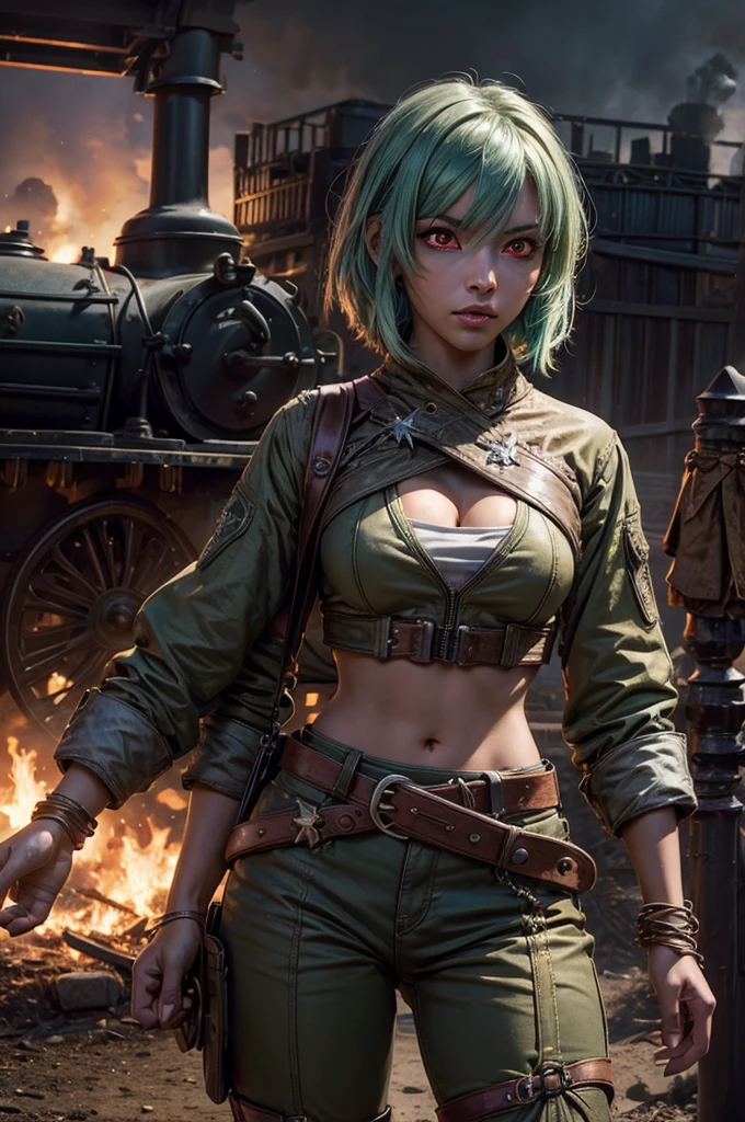 emeraldsustrai, emerald sustrai, short hair, (red eyes:1.5), (green hair), dark skin, dark-skinned female, navel, cleavage, midriff, belt, cleavage cutout, chaps, fighting pose, snow, ((broken suspension bridge, near old steam train)), post-apocalypse, dystopian future, crowd, (crowd in military uniforms), bonfires, (volumetric lighting),  intricate details, tonemapping, sharp focus, hyper detailed, (cowboy shot:1.5), BREAK (masterpiece:1.2), best quality, high resolution, unity 8k wallpaper, (illustration:0.8), (beautiful detailed eyes:1.6), extremely detailed face, perfect lighting, extremely detailed CG, (perfect hands, perfect anatomy),