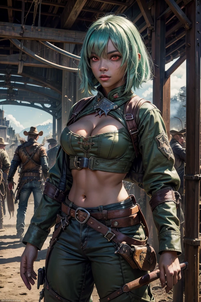 emeraldsustrai, emerald sustrai, short hair, (red eyes:1.5), (green hair), dark skin, dark-skinned female, navel, cleavage, midriff, belt, cleavage cutout, chaps, fighting pose, snow, ((broken suspension bridge, near old steam train)), post-apocalypse, dystopian future, crowd, (crowd in military uniforms), bonfires, (volumetric lighting),  intricate details, tonemapping, sharp focus, hyper detailed, (cowboy shot:1.5), BREAK (masterpiece:1.2), best quality, high resolution, unity 8k wallpaper, (illustration:0.8), (beautiful detailed eyes:1.6), extremely detailed face, perfect lighting, extremely detailed CG, (perfect hands, perfect anatomy),