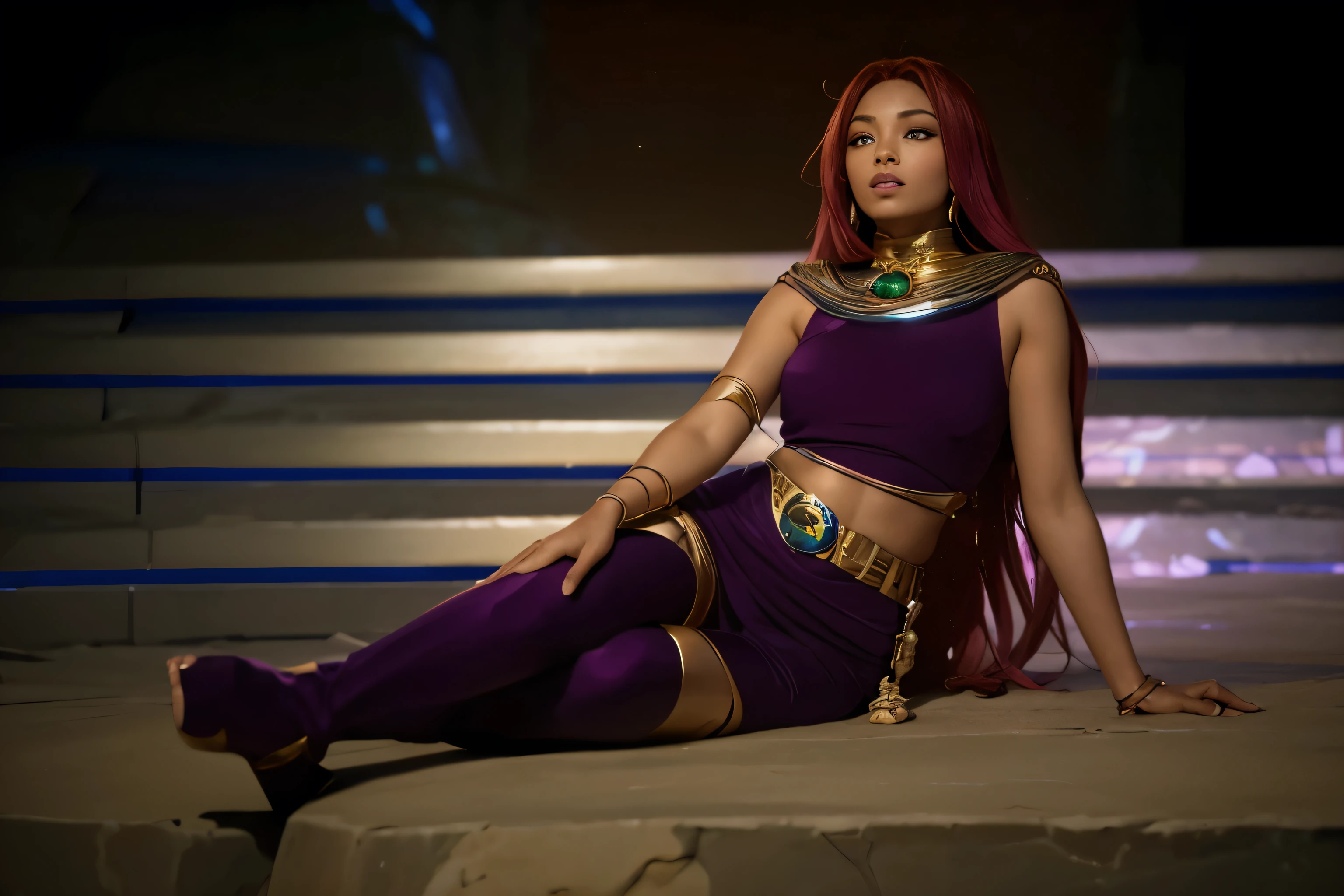 (Best quality, 8k, 32k, Masterpiece, UHD:1.2), "Imagine the vibrant and exotic world of Tamaran, Starfire’s home planet from The Teen Titans. Envision a lush and colorful landscape bathed in the golden light of multiple suns, casting a warm and radiant glow over everything. The sky is a brilliant spectrum of oranges, purples, and pinks, creating breathtaking sunsets and dawns that paint the horizon with vivid hues.
The terrain is diverse and spectacular, featuring soaring mountains with jagged peaks, vast, rolling plains covered in alien flora, and sparkling azure oceans that stretch as far as the eye can see. Exotic plants and trees with luminescent leaves and flowers dot the landscape, their colors more vivid and varied than those on Earth.
In the heart of Tamaran, grand and majestic cities rise. The architecture is a blend of organic and futuristic designs, with towering spires and flowing structures made of crystal and stone. These buildings are adorned with intricate carvings and glowing gemstones that pulse with an inner light, reflecting the advanced yet nature-integrated technology of Tamaran.
In the bustling marketplaces, Tamaranians—tall, golden-skinned humanoids with vibrant hair colors—move gracefully, their attire a mix of regal and functional, often adorned with precious metals and gems. The air is filled with the melodic sounds of their language and the fragrant scents of exotic spices and flowers.
Above, massive flying creatures glide through the air alongside sleek, advanced spacecraft, both integral parts of Tamaranian life. The sky is often filled with the hum of energy as these vessels move between the planet’s many regions.
Capture the essence of Tamaran's dual nature: its wild, untamed beauty and its sophisticated, harmonious civilization. The planet is a place where nature and technology coexist seamlessly, embodying the spirit of adventure and wonder that characterizes Starfire’s origins."