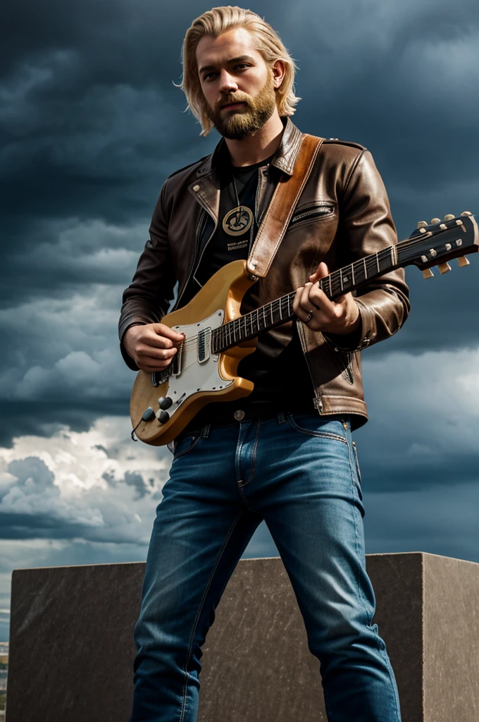 Man with blonde hair and beard, with a leather jacket and jeans playing the electric guitar on top of a monolith. In the sky there is thunder and it is raining. And an F-39 badge