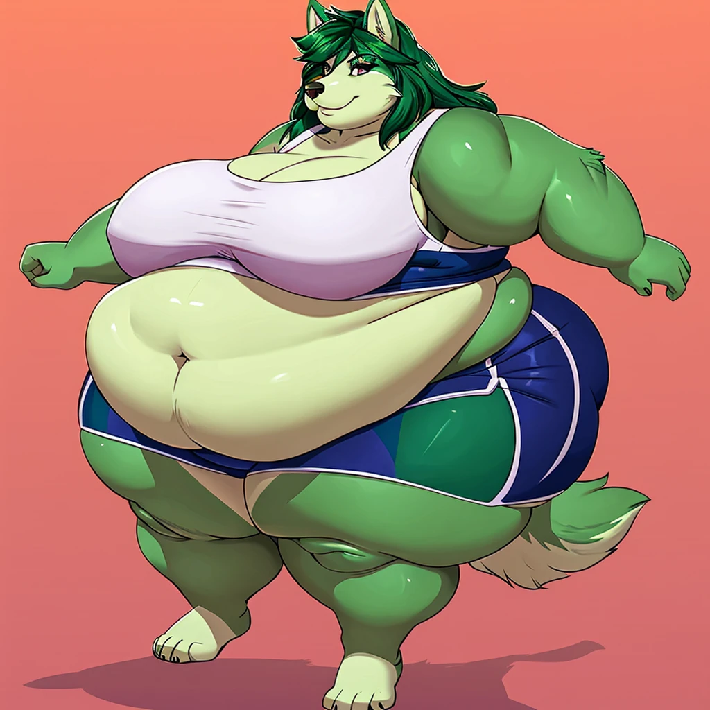 Malamute, female, long hair, gorgeous, beautiful, eyelashes, voluptuous, plump, belly rolls, fat arms, fat legs, ,tank top, shorts ,huge saggy breasts ,fringe on eye,heavy top, huge hips huge thighs heavy bottom ,sports bra,sports shorts, simple background , morbidly obese, belly rolls, fat rolls, belly rolls,belly overhang,rolled up tail,  green body,green hair,big belly 