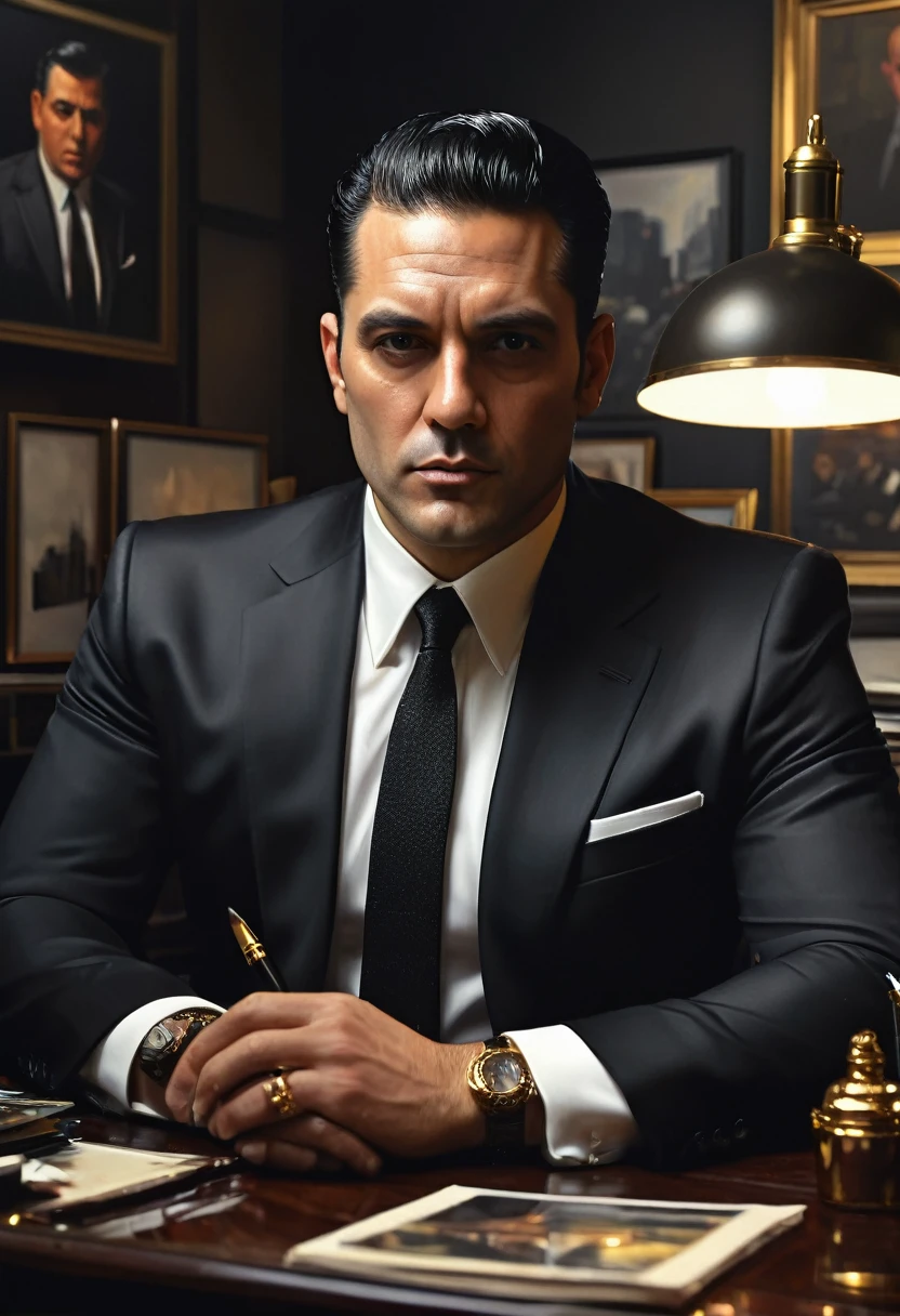 Portrait Painting Beautiful Matte Black Oil Man 35 Years Old, Mafia boss at his '50s office desk in New York, Wonderful highly detailed masterpiece, beautiful cinematic light deep focus, chic, digitalpainting, smooth ass, sharp focus, golden ratio, dramatic lighting, ultra realistic, 8K, Arte por Jimmy Law