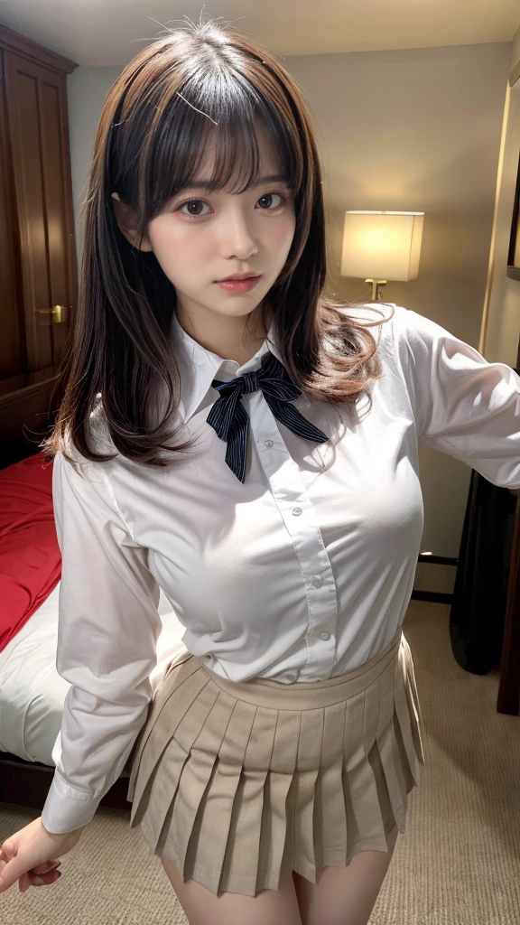 masterpiece, best quality, illustration, Super detailed, fine details, High resolution, 8K,wall paper, perfect dynamic composition,(Details High quality, realistic depiction of eyes:1.3), standing, (collared shirt:1.1), pleated skirt, short bob hair、black hair color, Big Natural Color Lip, bold sexy pose, crying a little、Harajuku style、acrobatic pose, 20 year old girl、cute type、lolita、beautiful legs, hotel room, gravure idol, Voluptuous thighs, huge breasts, Don't expose it