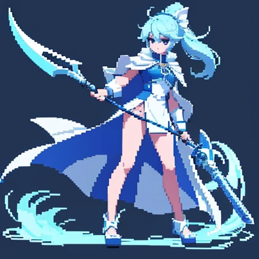 pixel art, full body, facing left (important), bright blue and white, holding a large scythe, magical girl, long ponytail, ribbon, loose clothing, cloak. Hair color: soft, pale blue hair. Eye color: pink eyes. Clothes: Clothes based on white and blue. She wears a blue cloak over a white shirt. She is wearing a blue miniskirt. Accessories: Blue flower decoration on the right side of the hair. Weapon: A sickle with blue and white decoration.、Jump、The cloak is divided into three pieces