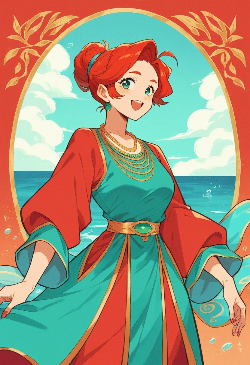 a woman in a red dress with a gold necklace and a necklace, trending on pixabay, arabesque,red colored traditional wear, wearing a silk kurta, blue tunic, turqouise, golden red outfit, red tunic and robes, turquoise, beautiful, turquoise gold details, teal tunic, traditional clothes,ocean view ,background ,