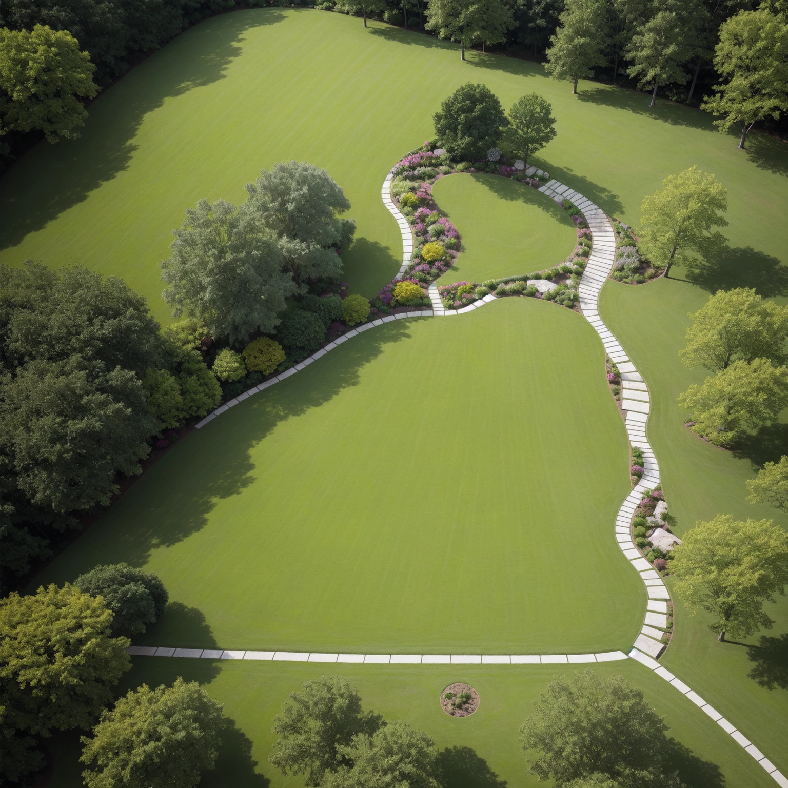 (((Overlooking))),(((Looking down from above)))，Ground Map，soil，A small path，Stones are randomly scattered，Surrounded by lawns