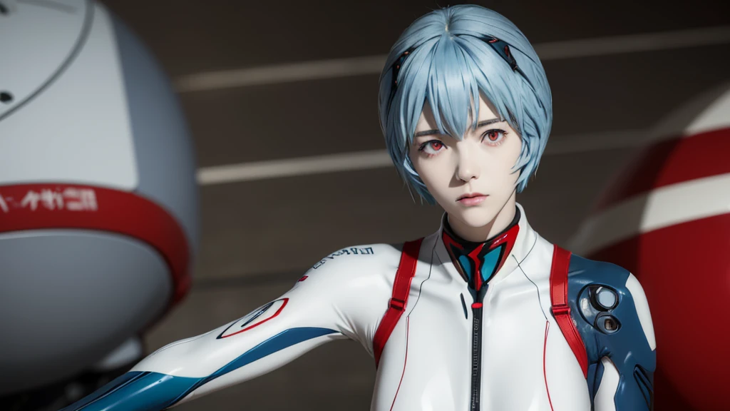 Teenage Girl, Rei Ayanami, (Ayanami Rei:1.2), Blue Hair, short hair, (Red eyes:1.3),Bodysuits, headgear, Plug Suit, white Bodysuits, Realistic, 4K, photoRealistic, Highest quality, Research Room, Dramatic Light, Aloe Clapart-1000, Ray Tracing,Detail Shadow,Shot with the Fujifilm X-T4,85mm,F1.2,Sharp focus,Depth of written boundary,Blurred Background,Bokeh,Lens flare 