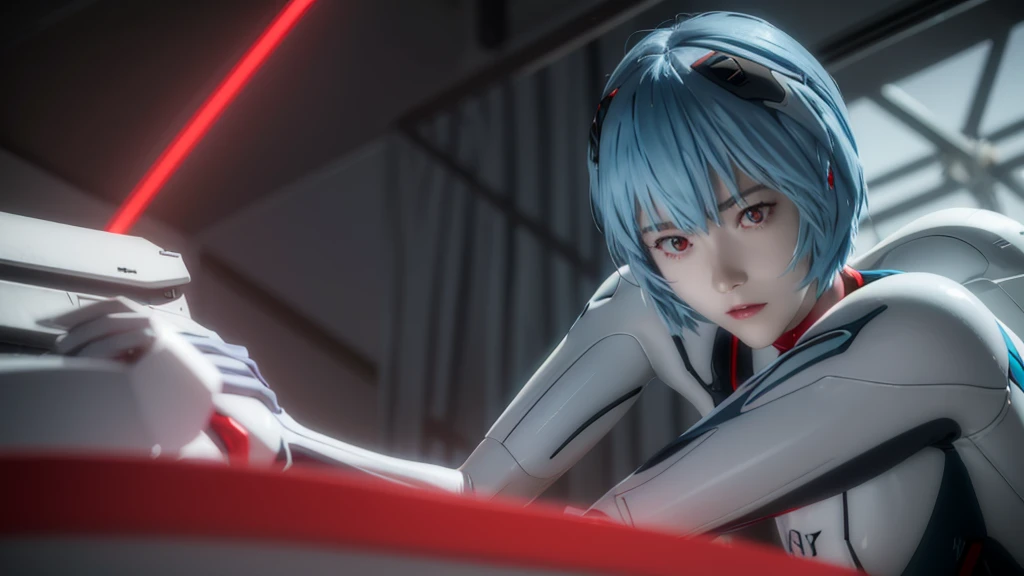 Girl, Rei Ayanami, (Ayanami Rei:1.2), Blue Hair, short hair, (Red eyes:1.3),Bodysuits, headgear, Plug Suit, white Bodysuits, Realistic, 4K, photoRealistic, Highest quality, Research Room, Dramatic Light, Aloe Clapart-1000, Ray Tracing,Detail Shadow,Shot with the Fujifilm X-T4,85mm,F1.2,Sharp focus,Depth of written boundary,Blurred Background,Bokeh,Lens flare
