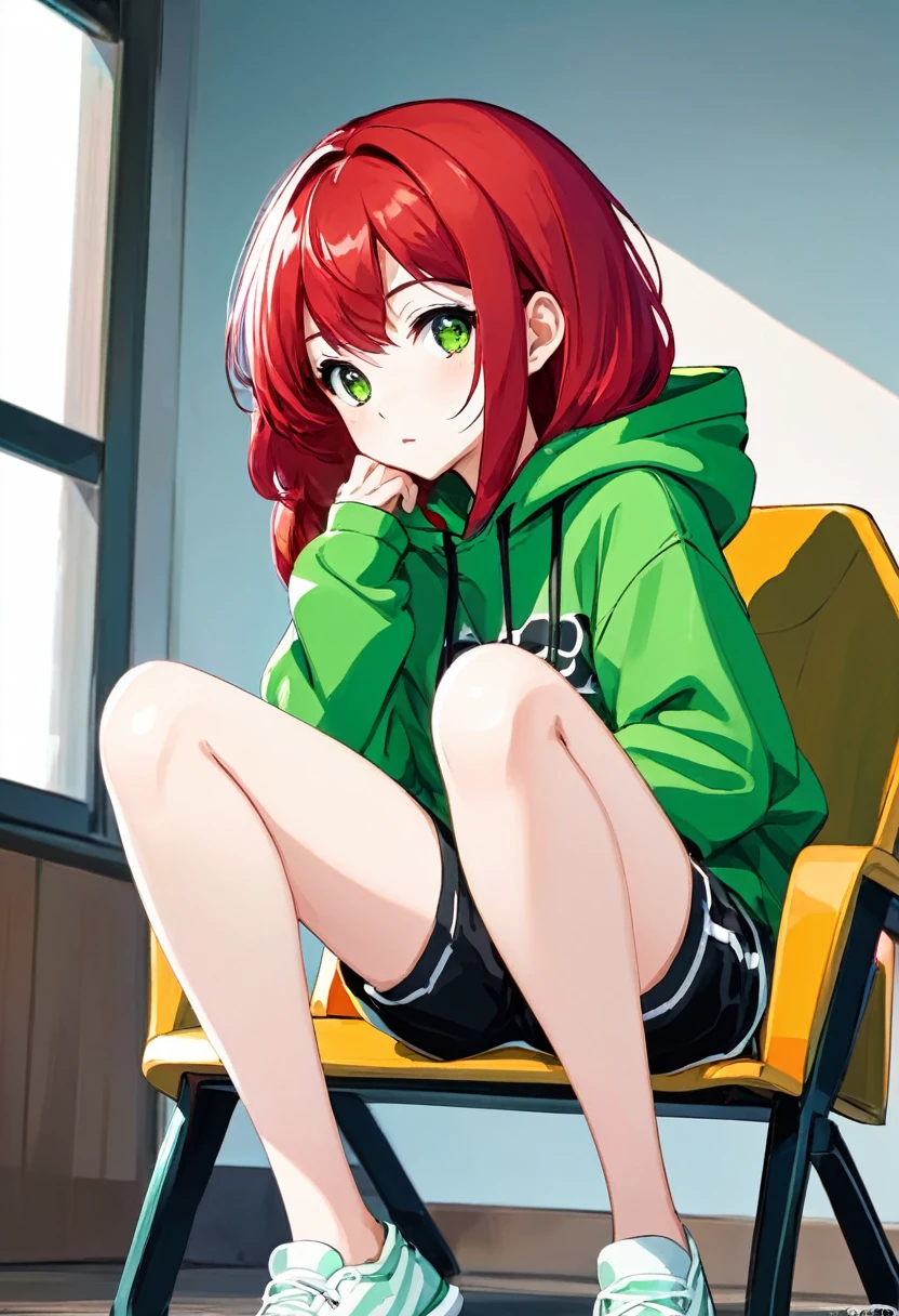 Pretty asian woman, bright red hair, black shorts and a green hoodie, cute, sitting in a chair. Anime style
