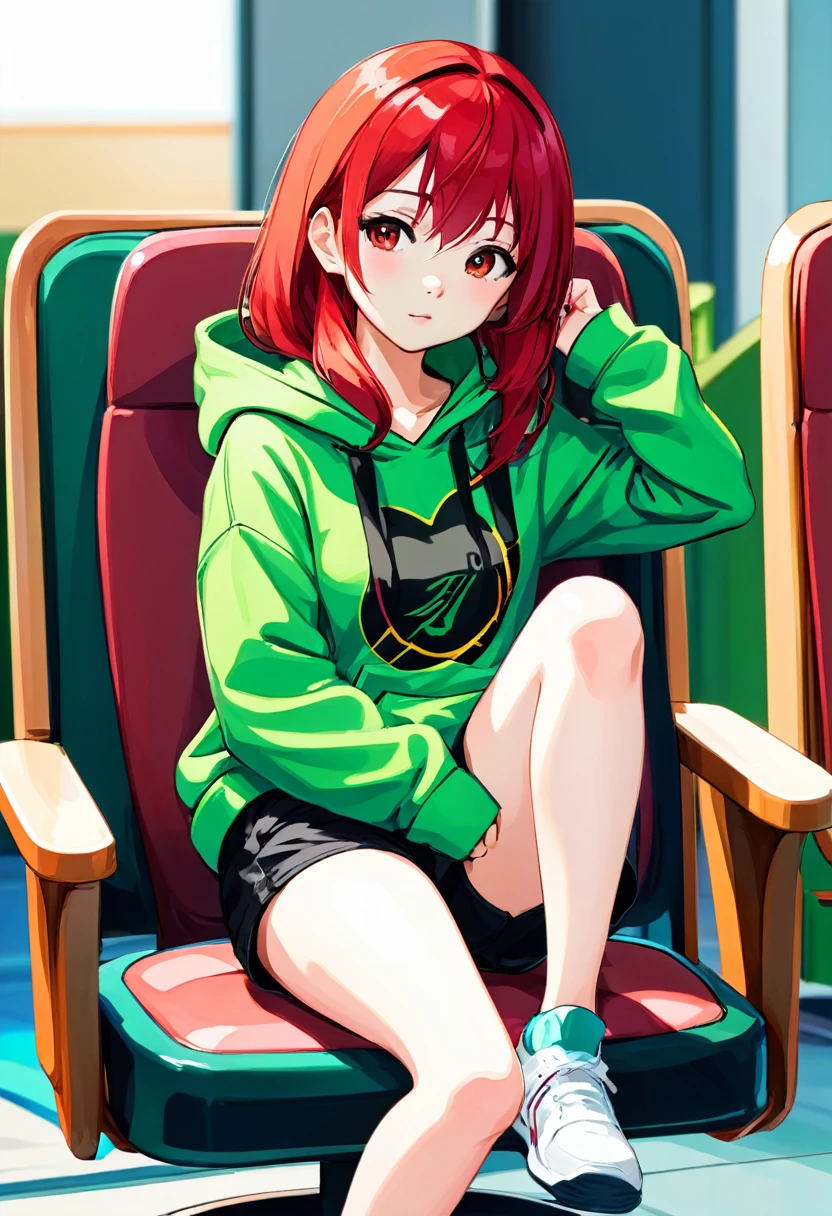 Pretty asian woman, bright red hair, black shorts and a green hoodie, cute, sitting in a chair. Anime style