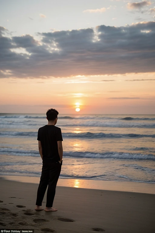 A 25-year-old boy is upset and lonely watching the sun set on the seashore, from a distance the boy is photographed from the back, the boy is wearing a black shirt and a full pant.
