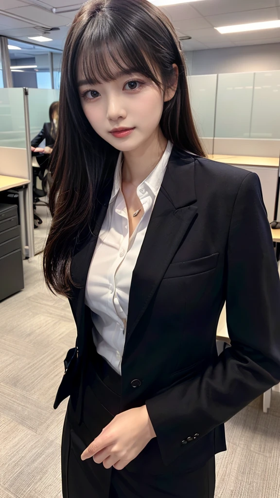 ((top-quality、8K、masterpiece:1.3))、1girl in、Beautiful woman Standing in the house:1.3、long-haired、Colossal tits、(Office Lady, ,Suit, Black Suit,Black jacket, white shirt:1.5)、Super delicate face、Delicat eyes、double eyelid、Close-up of upper body from below