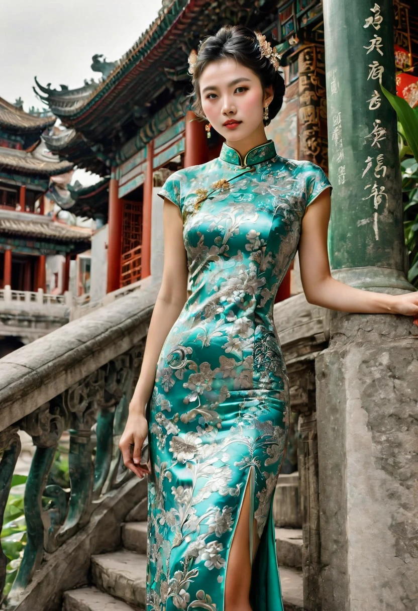 Cheongsam, fullbody, by henri cartier-bresson, RAW photo, 35mm photograph, bokeh, best quality, masterpiece, very aesthetic, perfect composition, intricate details, ultra-detailed