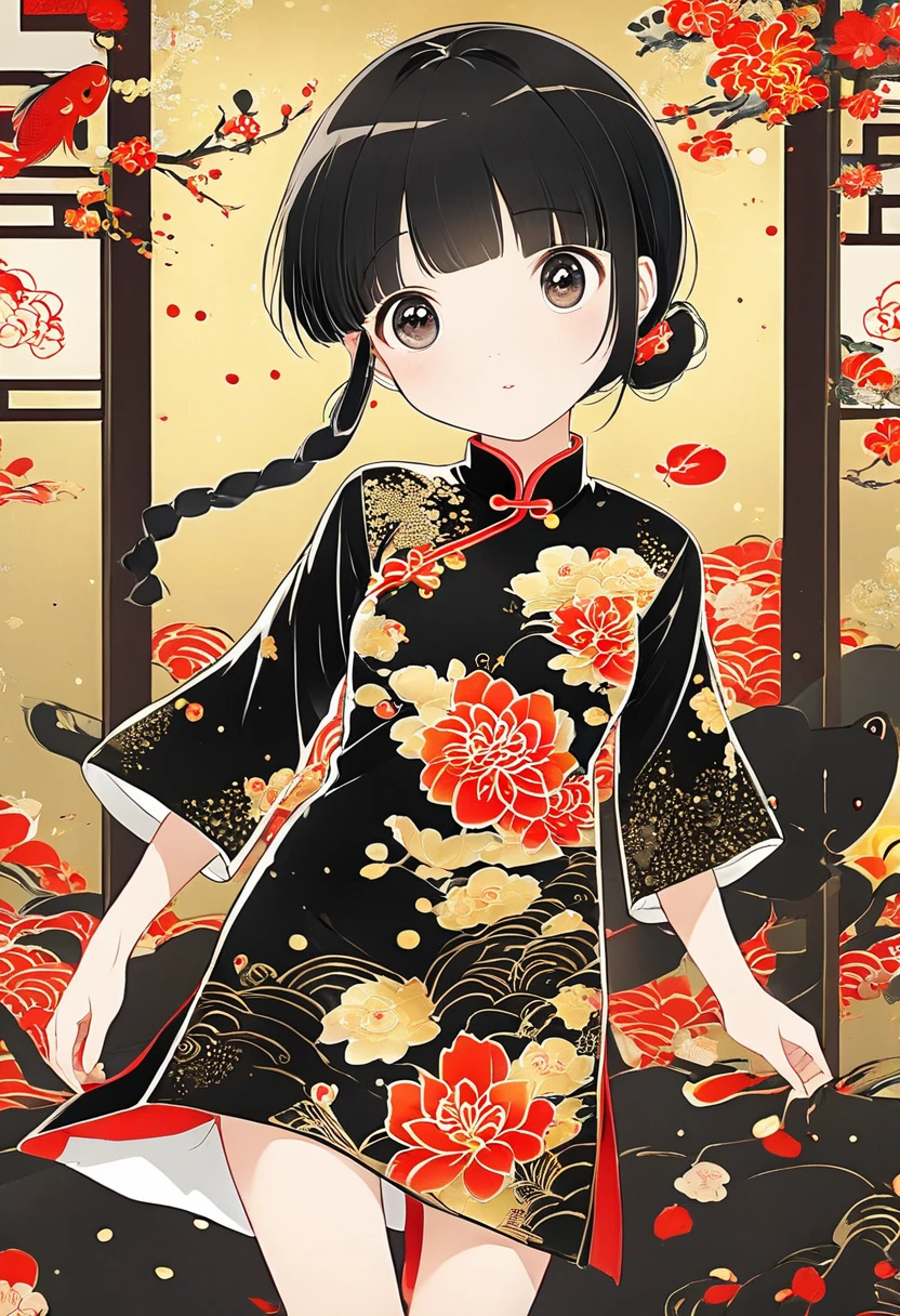 (masterpiece, best quality:1.2),***********，solitary,Exquisite eyes,Fine black hair，( Smooth skin:1.2)( Wear a gorgeous and shining cheongsam:1.2)， Slender body proportions，Gorgeous room（（Intricate details））