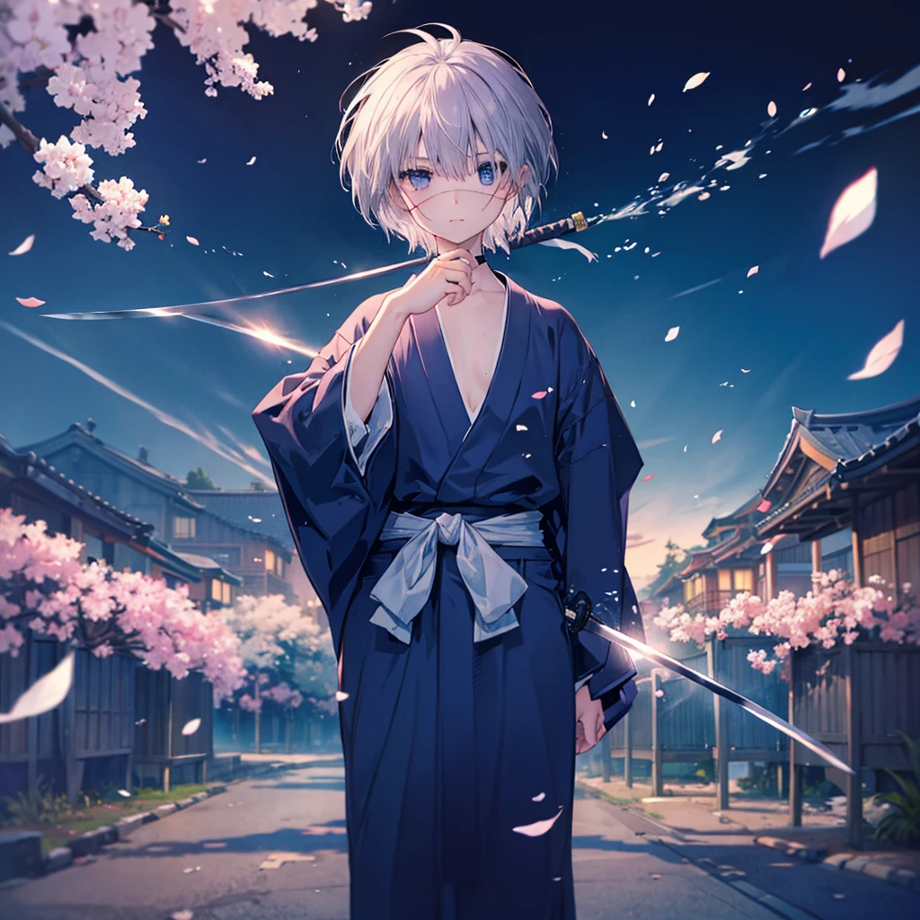 (((1 person Gray Hair))) ((((Eye patch)))) (((High resolution short hair Black kimono))) ((Shoulder Rin々Funny face Holding the sheath and preparing the sword)) ((Black Band samurai Lonely despair blue eyes Pull camera)) ((Blue Butterfly night Japanese style old Cherry Blossom Garden water surface Catch the wind Scattering cherry blossom petals)) ((Japanese sword Two-Way Slashing Bathed in light)) ((Sword Reflection Pink light)) 月night moonlight star Draw your sword Shining Background Shining Edge