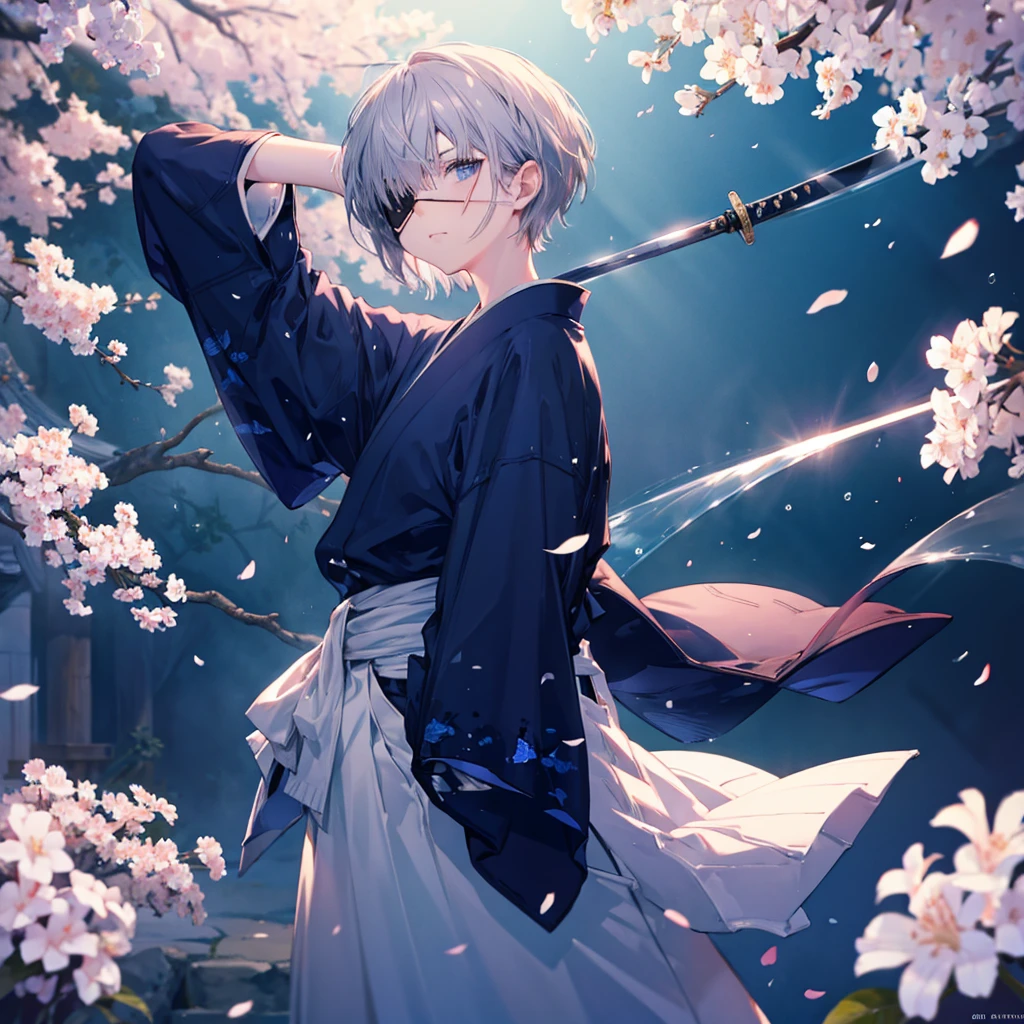 (((1 person Gray Hair))) ((((Eye patch)))) (((High resolution short hair Black kimono))) ((Shoulder Rin々Funny face Holding the sheath and preparing the sword)) ((Black Band samurai Lonely despair blue eyes Pull camera)) ((Blue Butterfly night Japanese style old Cherry Blossom Garden water surface Catch the wind Scattering cherry blossom petals)) ((Japanese sword Two-Way Slashing Bathed in light)) ((Sword Reflection Pink light)) 月night moonlight star Draw your sword Shining Background Shining Edge