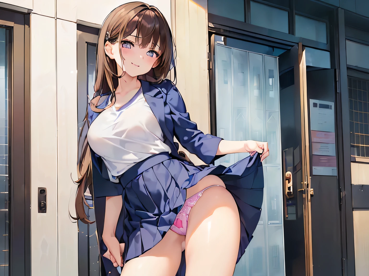 (masterpiece, top quality, high resolution, realistic photos, realistic looking skin:1.1),
(Woman rolls up her own skirt to show us her panties: 1.8),
(standing up: 1.8),
(provocative, smirking expression: 1.5),
(wearing a suit of navy blue tailored jacket and navy blue skirt, with a U-neck T-shirt as innerwear:1.5),
(She is wearing pumps on her bare legs:1.5),
(Panties are white with a pattern: 1.5),
(She has medium brown hair: 1.5),
(Located in front of the entrance of the automatic door of the building: 1.5),
1 Japanese girl, solo, full bodied esbian, beautiful eyes, shining eyes, shining thighs, NSFW