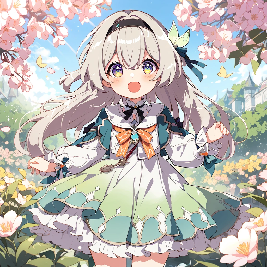 firefly \(honkai: star rail\)，Cute anime girl,Big bright eyes,blush,Playful expression,Light hair,Two steamed buns,Pink bow,Cute clothes,Ruffle dress,Big puff sleeves,Fancy Ribbon,Ponytail,Striped socks,Lace-up boots,In the blooming garden,Bright flowers in bloom,Flying Butterflies,Soft green grass,Bright blue sky,Soft sunlight pours through the trees,Ethereal Light,Traditional watercolor style,Warm and soft tones,Soft brushstrokes,Light cherry blossom petal scent,Exquisite dreamy atmosphere,Work,Lightweight and airy