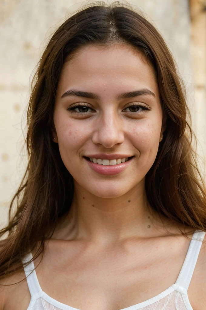 a beautiful young woman, 20 years old, small nose, attractive Jordanian Arab woman, wearing a bright yellow shirt, cute smile, cute face, white teeth, skinny face, light brown eyes, long black/blonde hair, (best quality,4k,8k,highres,masterpiece:1.2),ultra-detailed,(realistic,photorealistic,photo-realistic:1.37),detailed face features,highly detailed portrait,natural lighting,vivid colors,intricate details